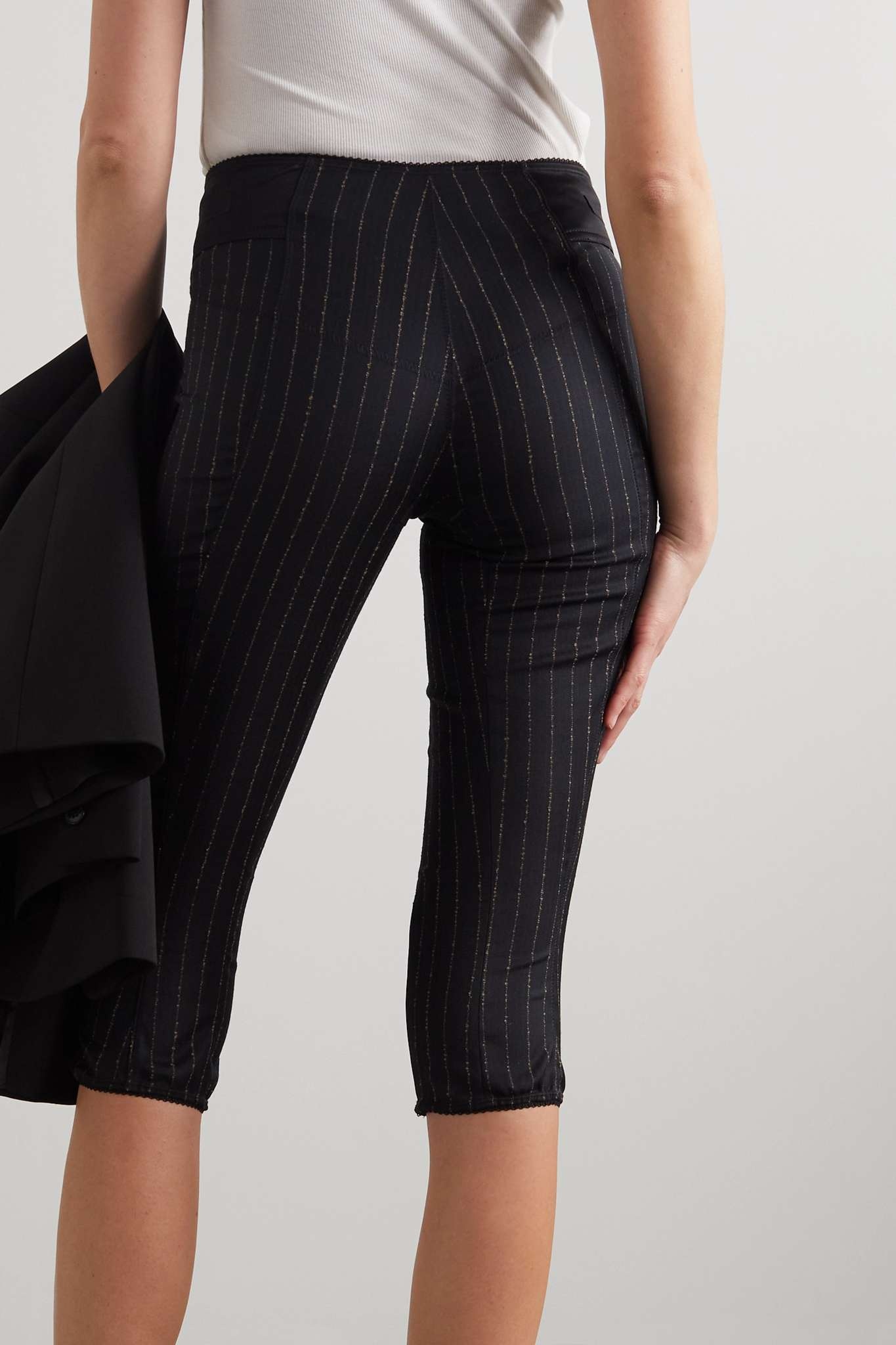 Satin-trimmed pinstriped herringbone wool-blend leggings - 4