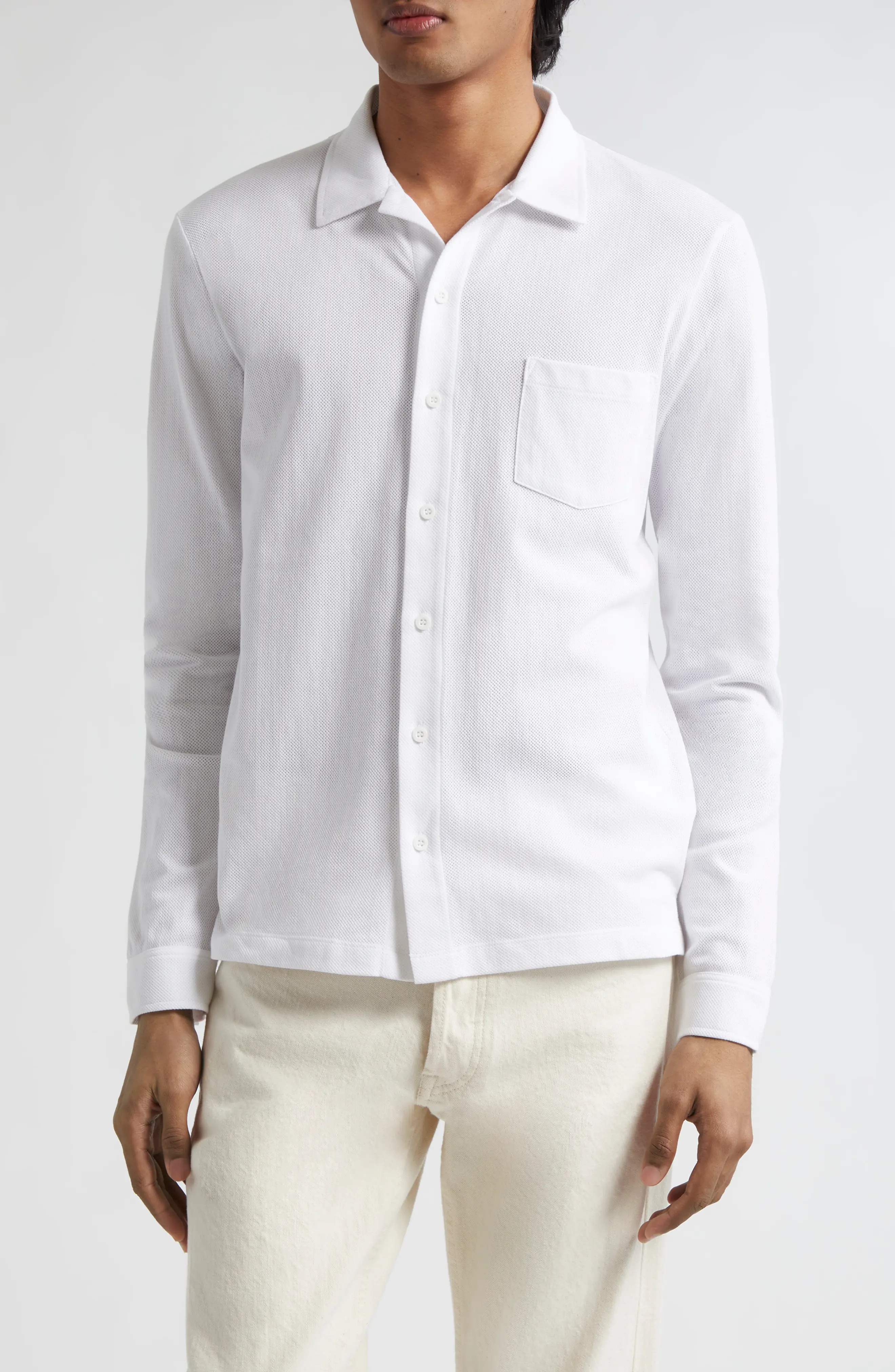 Riviera Long Sleeve Cotton Mesh Button-Up Shirt - 1