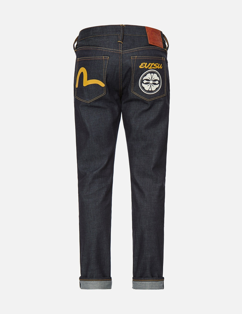 EVISU KAMON PRINT CARROT FIT RAW DENIM JEANS #2017 outlook