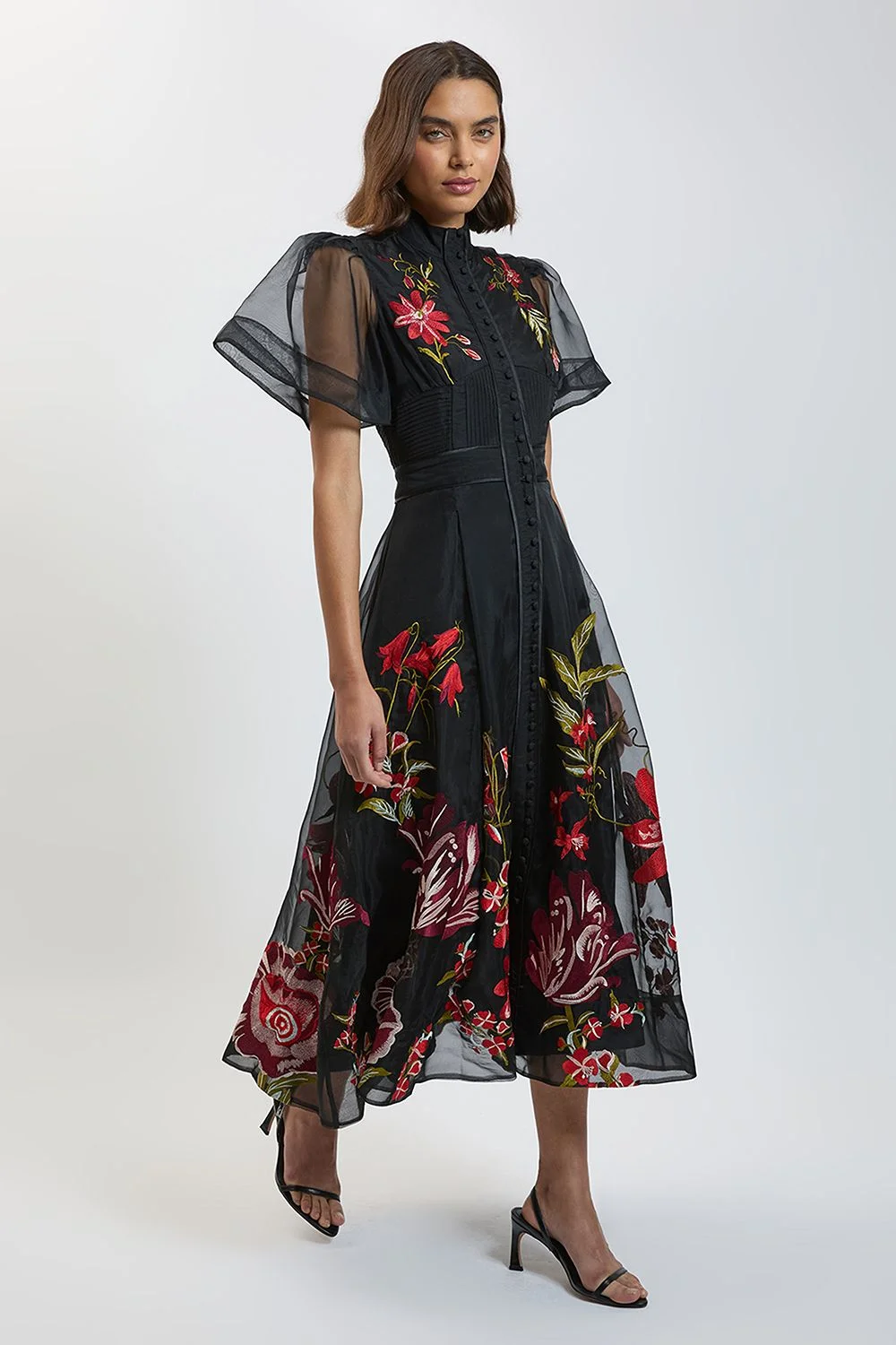 Rose Embroidery Organza Angel Sleeve Midi Dress - 1