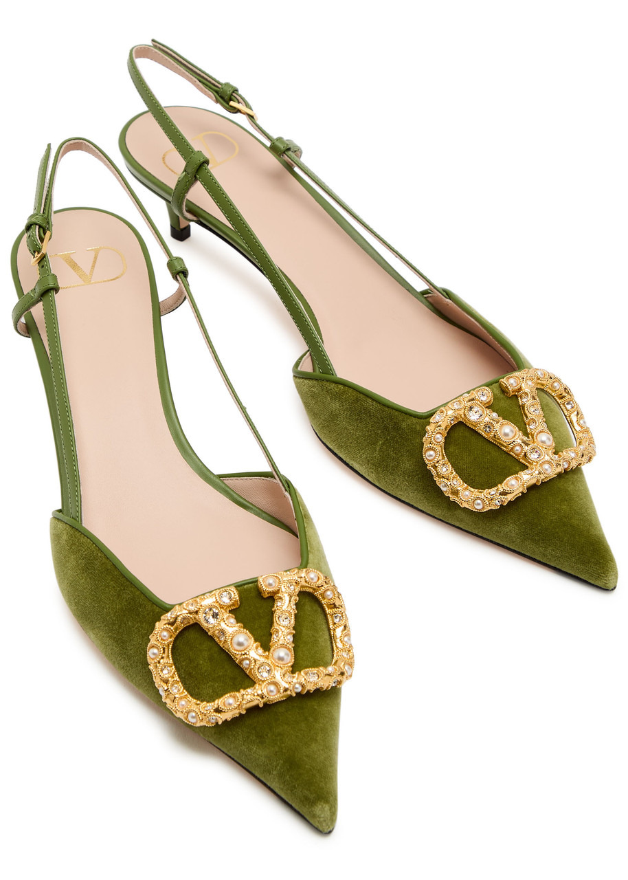 Valentino Vlogo Velvet and Leather Slingback Pumps - 3