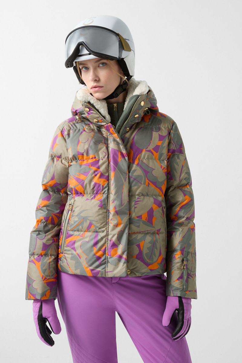 Maja down ski jacket in Olive green/purple/orange 2