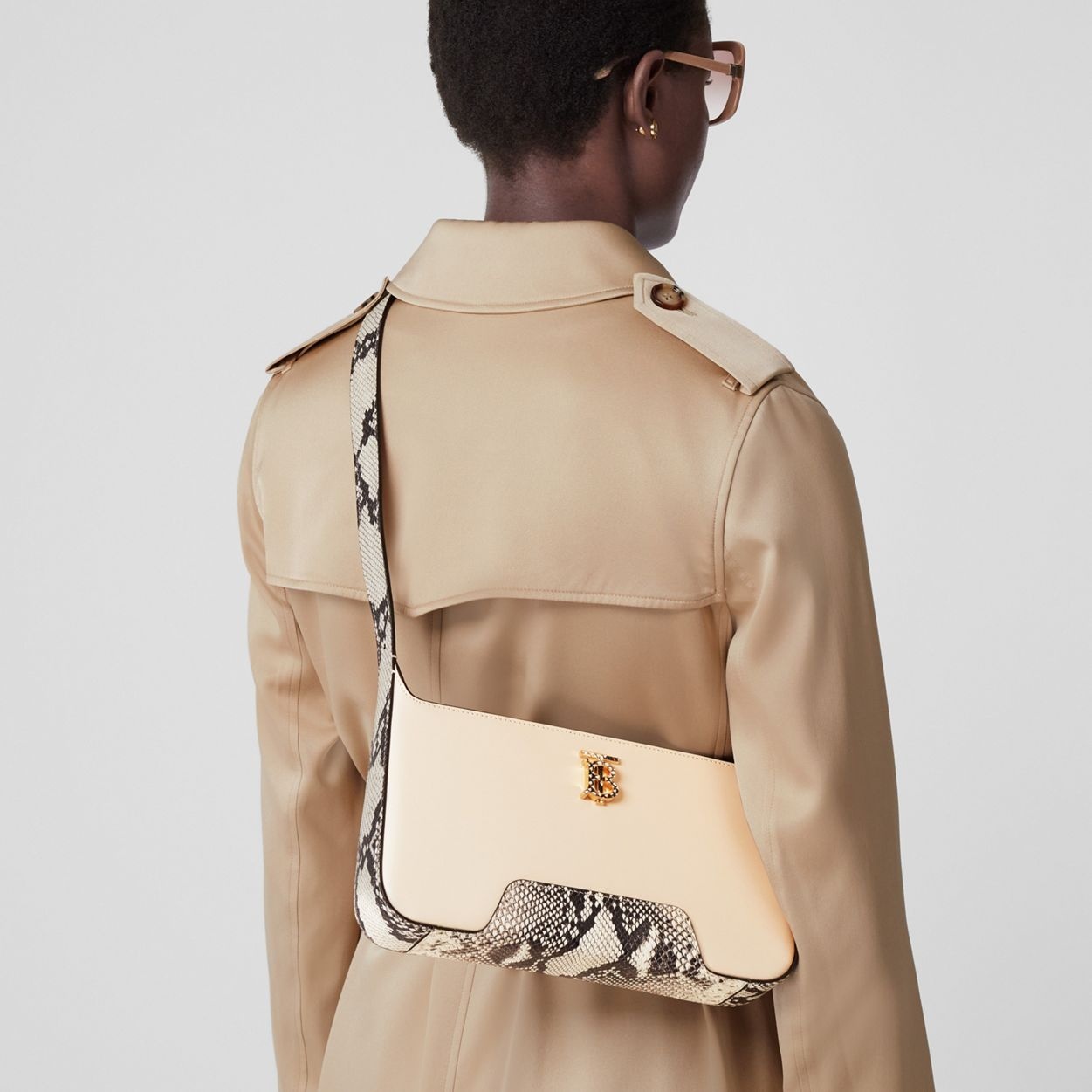 Leather and Python Print TB Shoulder Bag - 9