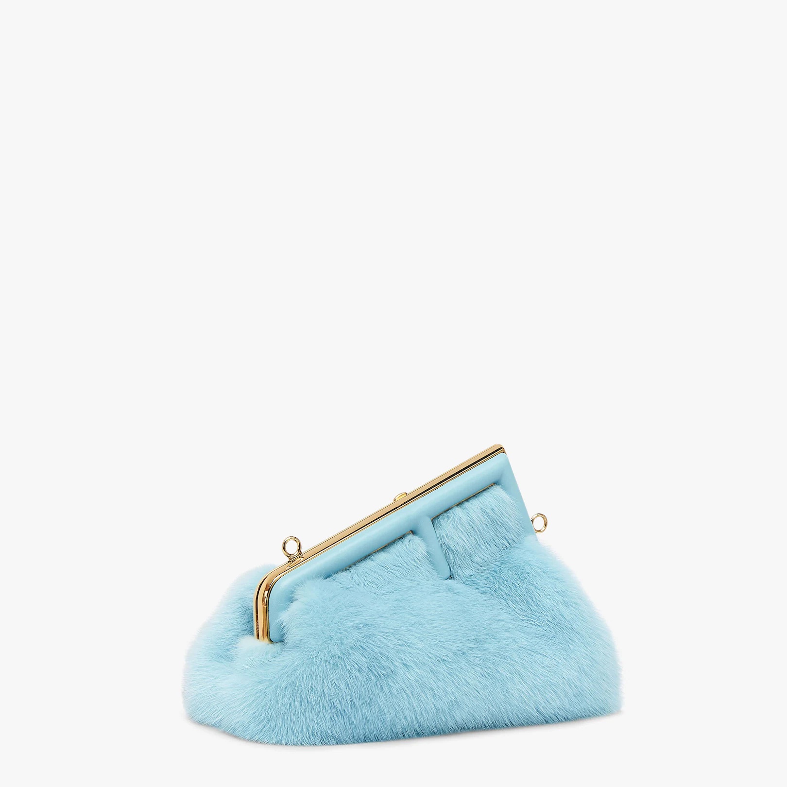 Small Fendi First bag in light blue soft mink with an oversized F metal clasp with tone on tone napp - 2