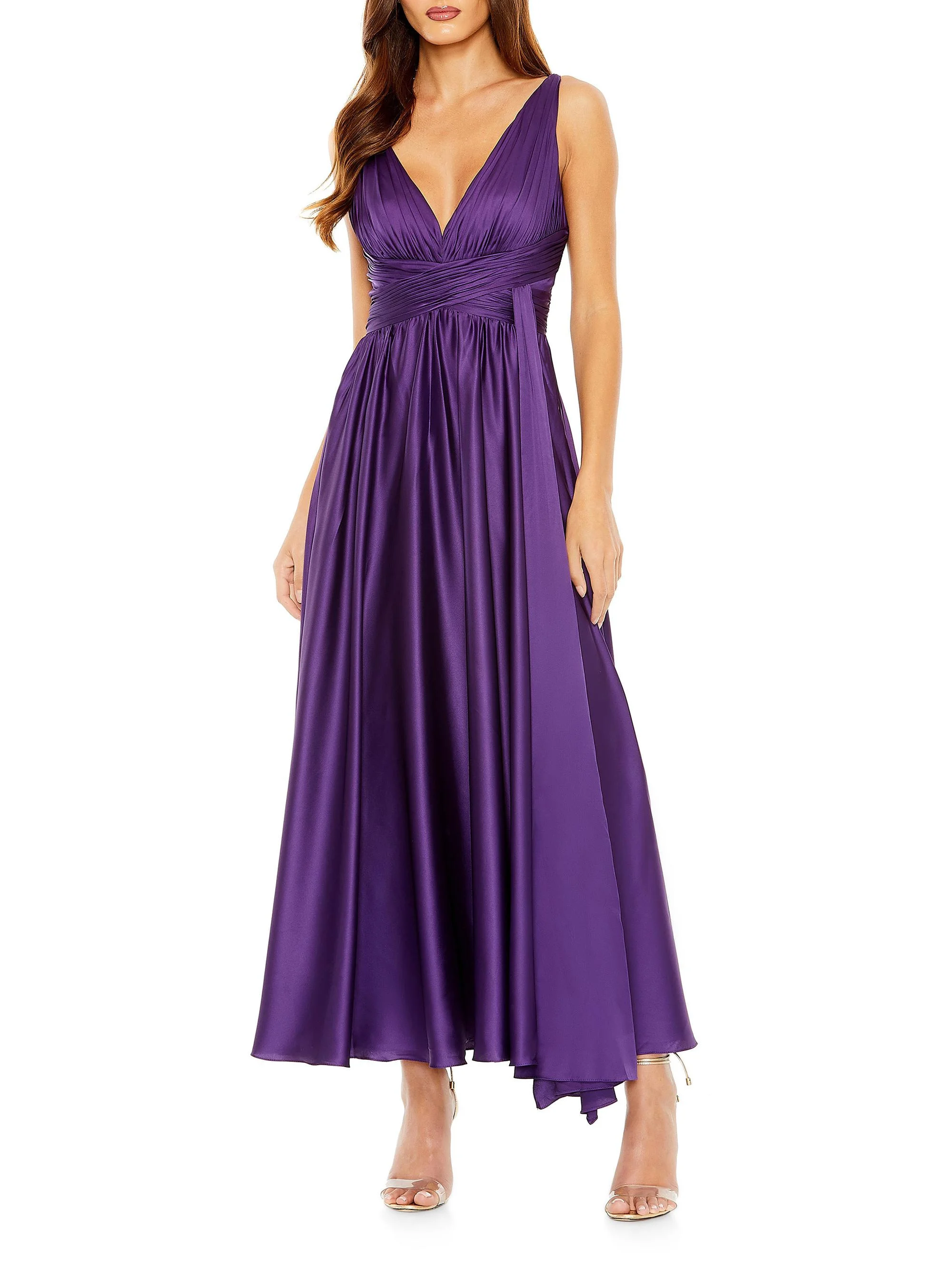 Women's Pleated Charmeuse Halter A-Line Gown - Purple - 1