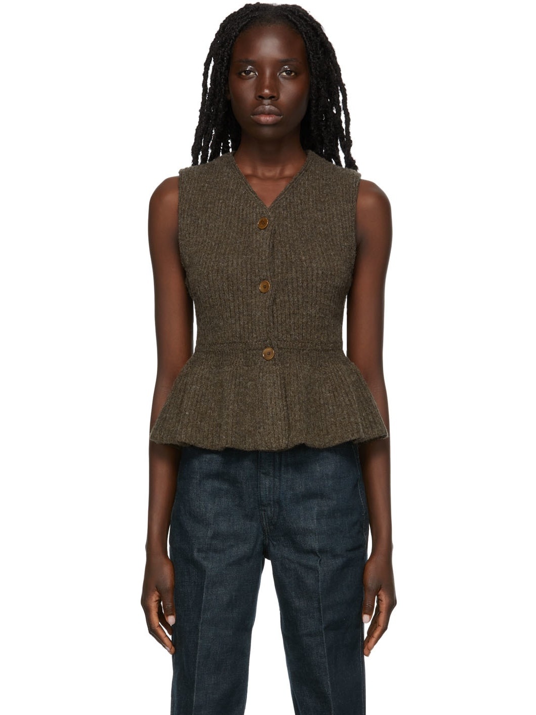 Brown Wool Peplum Sleeveless Cardigan - 1