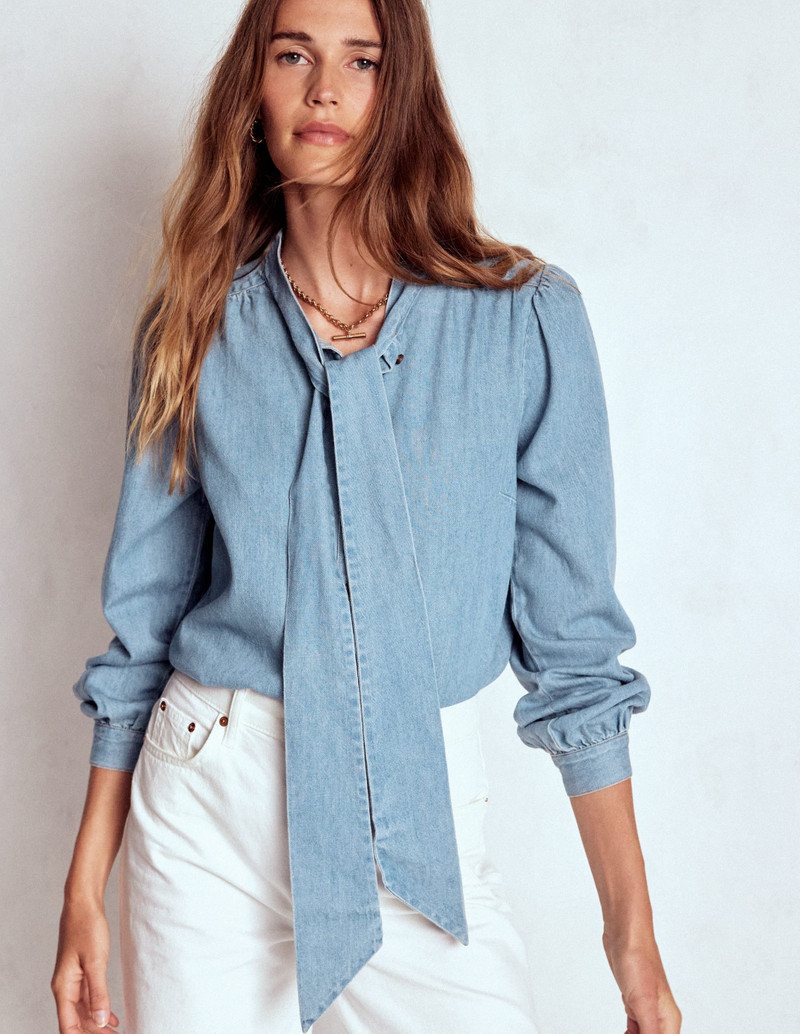 Tie Neck Denim Top-Light Authentic 3