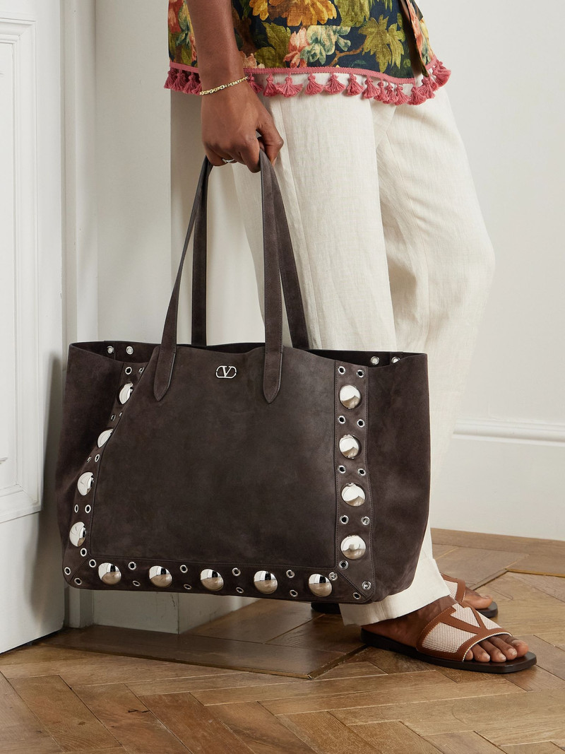 Valentino Nellcôte Embellished Suede Tote Bag Brown outlook