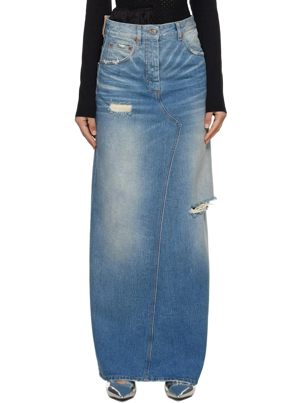Blue Denim Twisted Maxi Skirt - 1