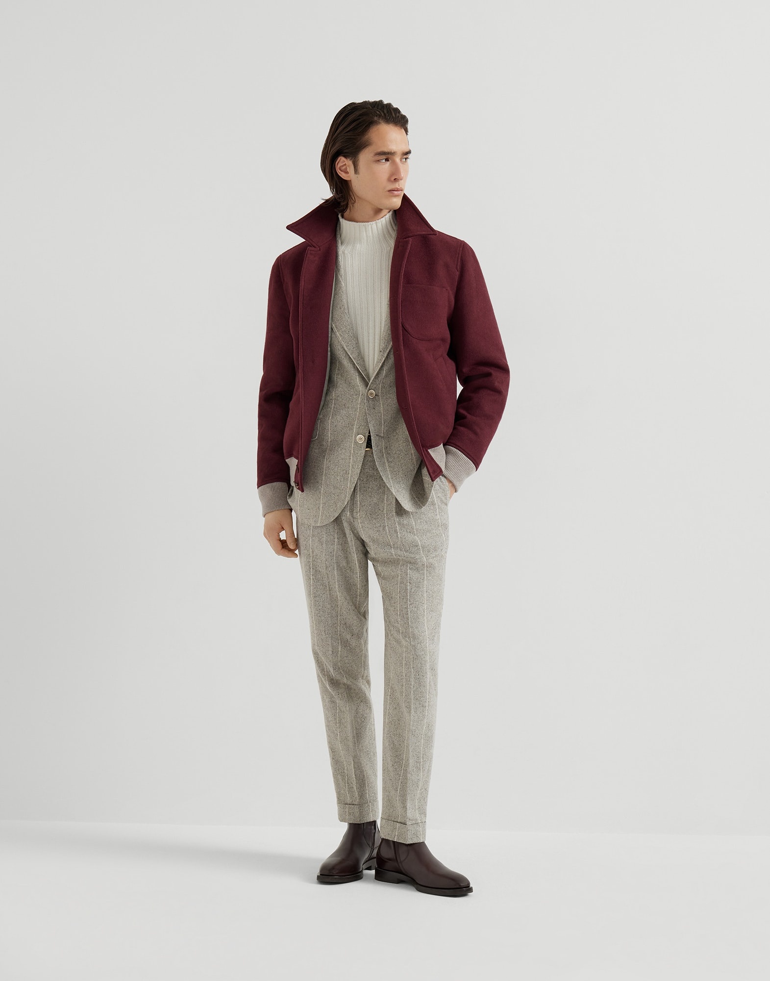 Silk, wool and cashmere flecked chalk stripe flannel leisure fit trousers with pleat - 4