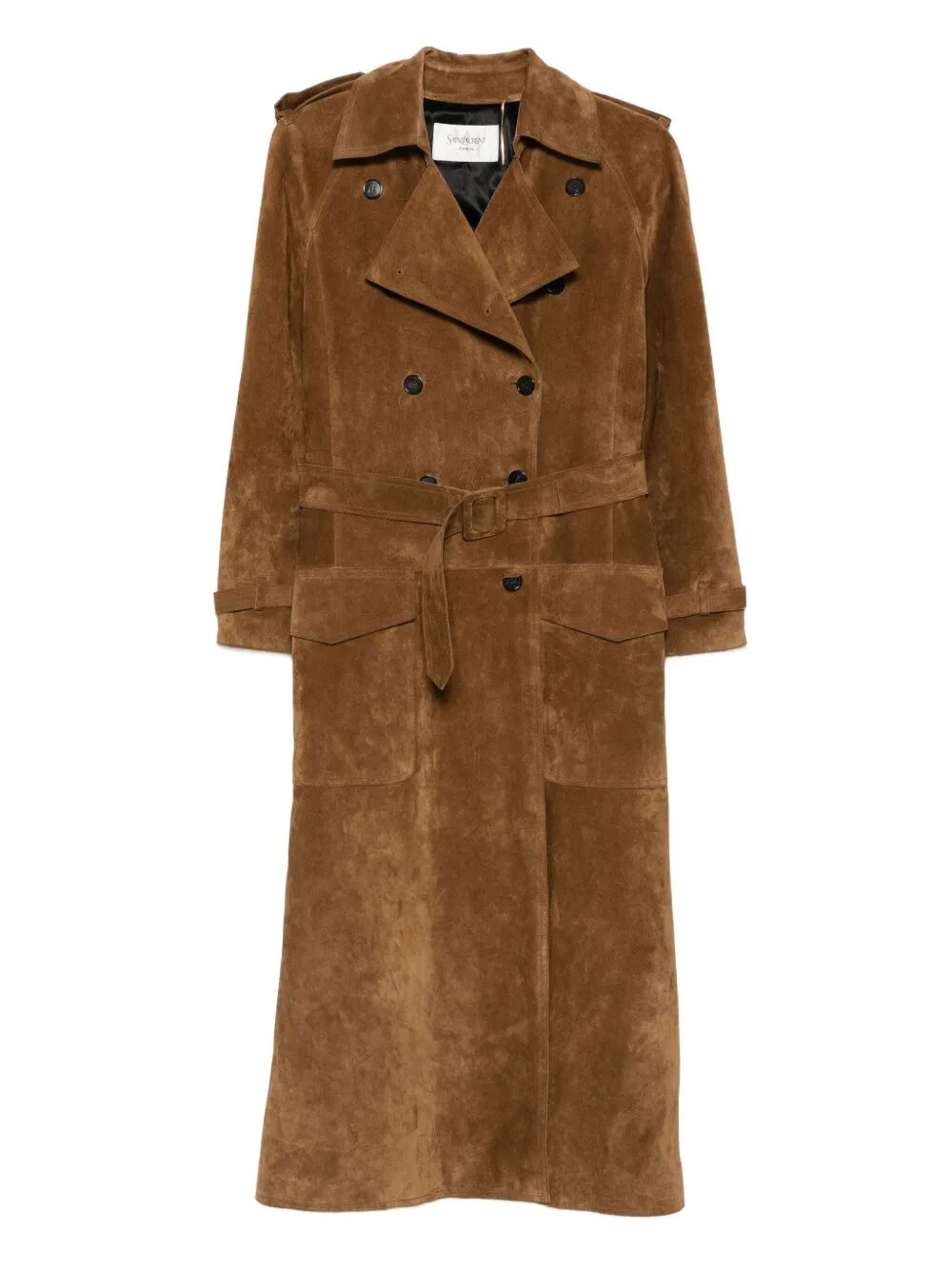 Long Double-Breasted Suede Trench Coat - 1