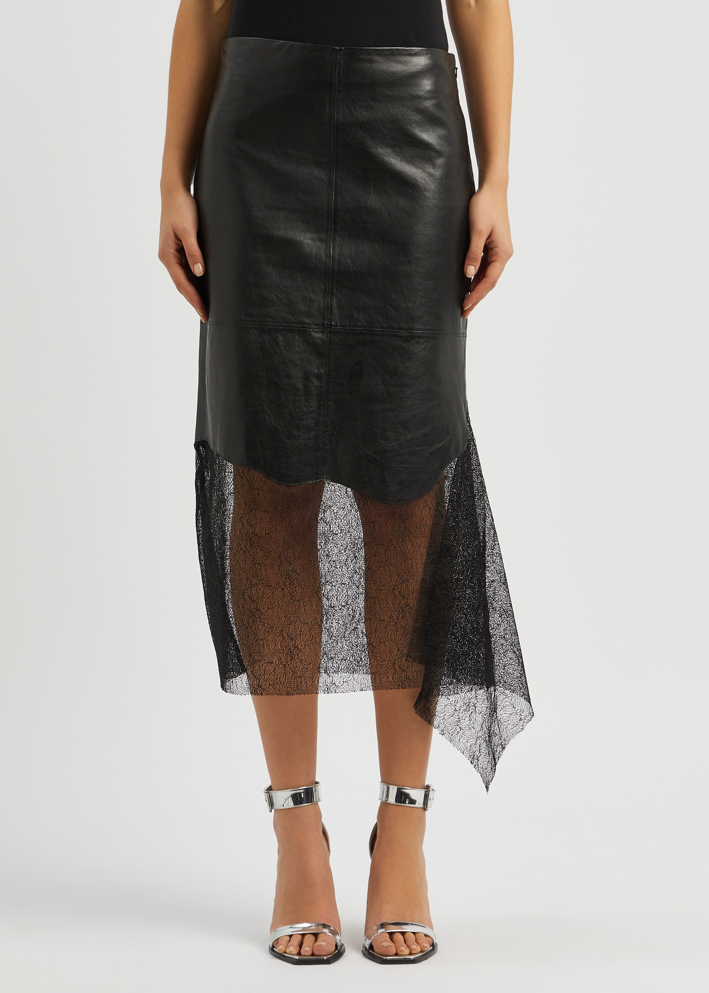 Lace-panelled leather midi skirt - 2