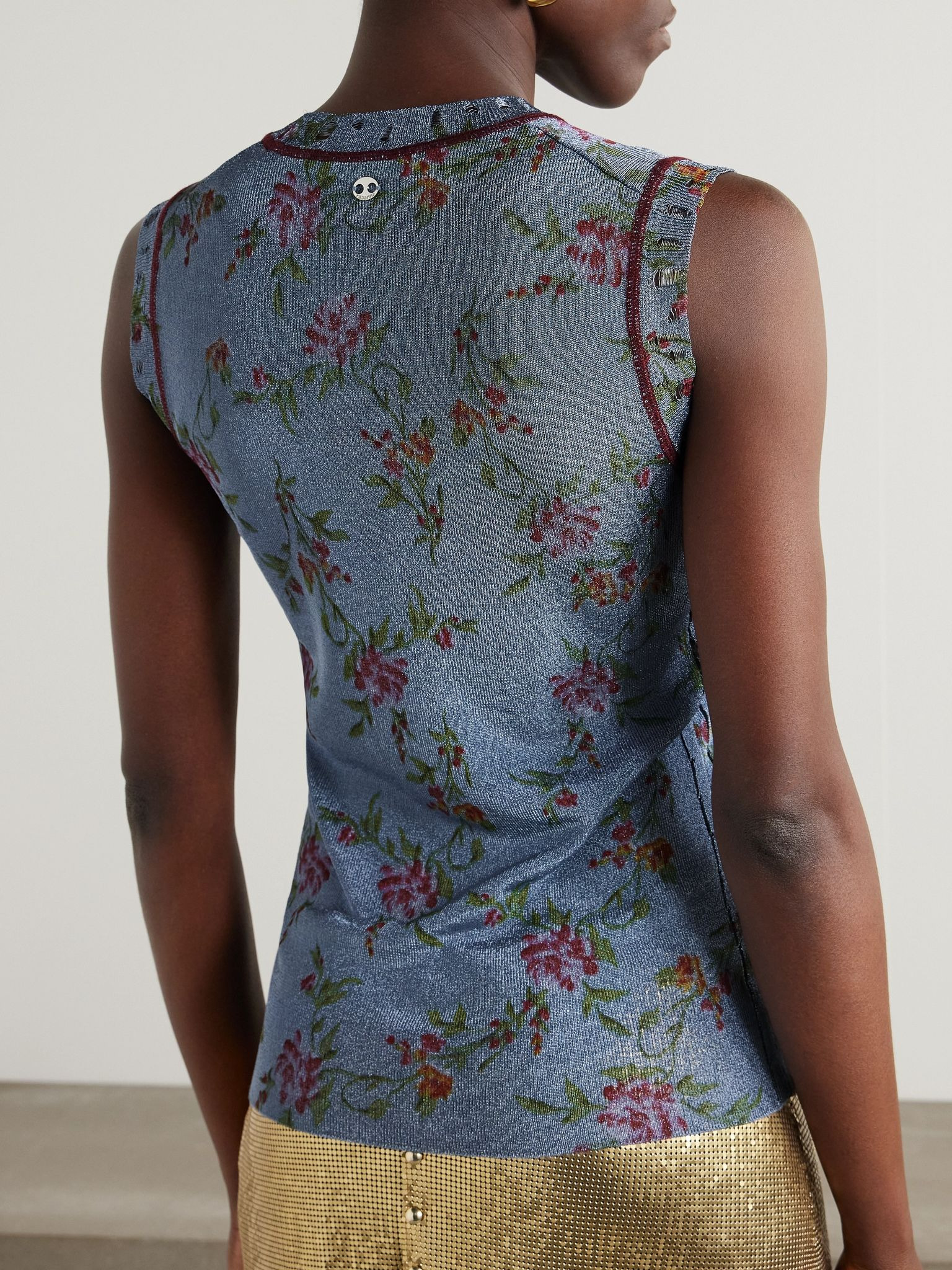 Floral-print metallic knitted tank Blue - 4
