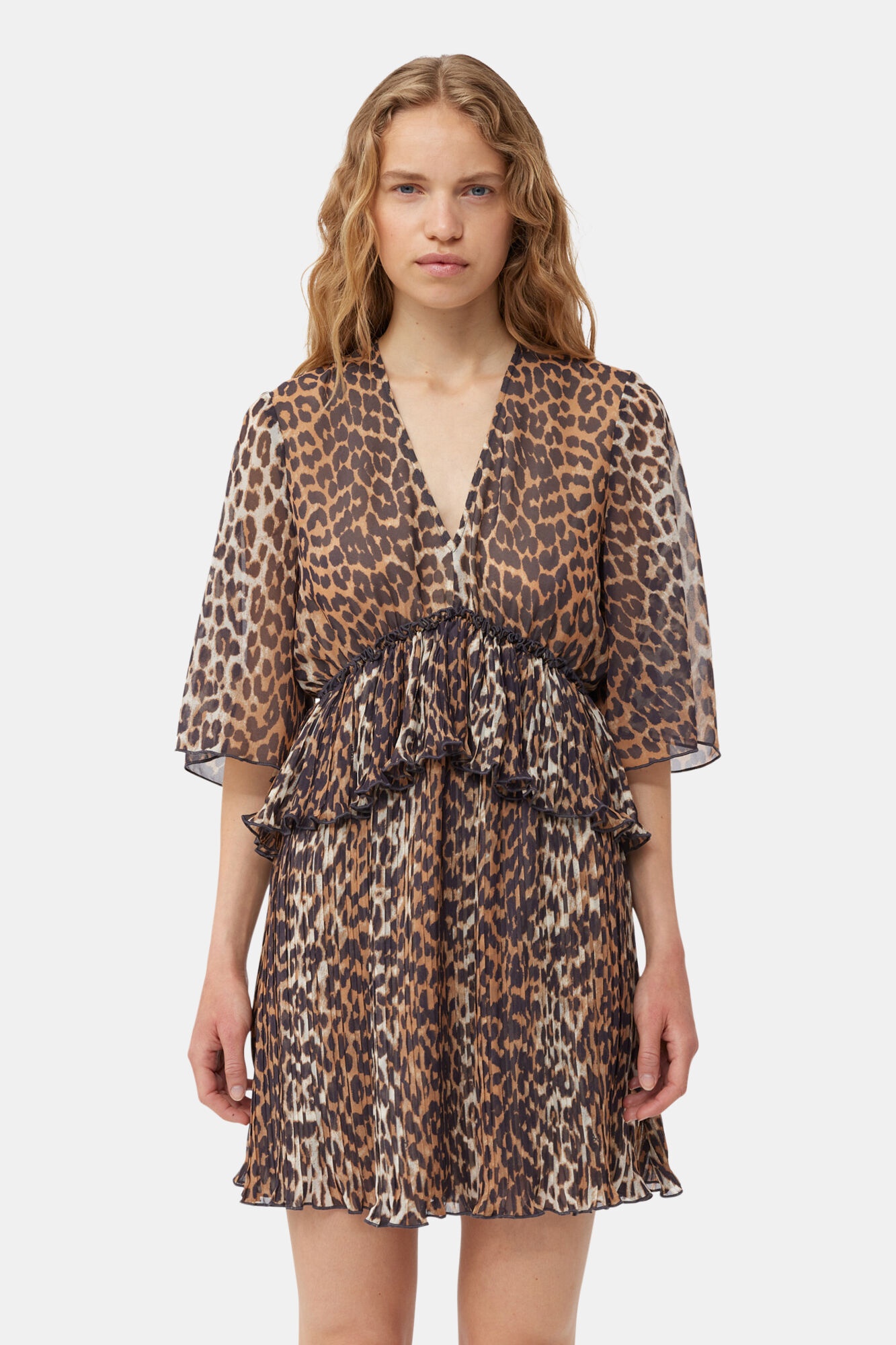 LEOPARD PLEATED GEORGETTE V-NECK FLOUNCE MINI DRESS - 5