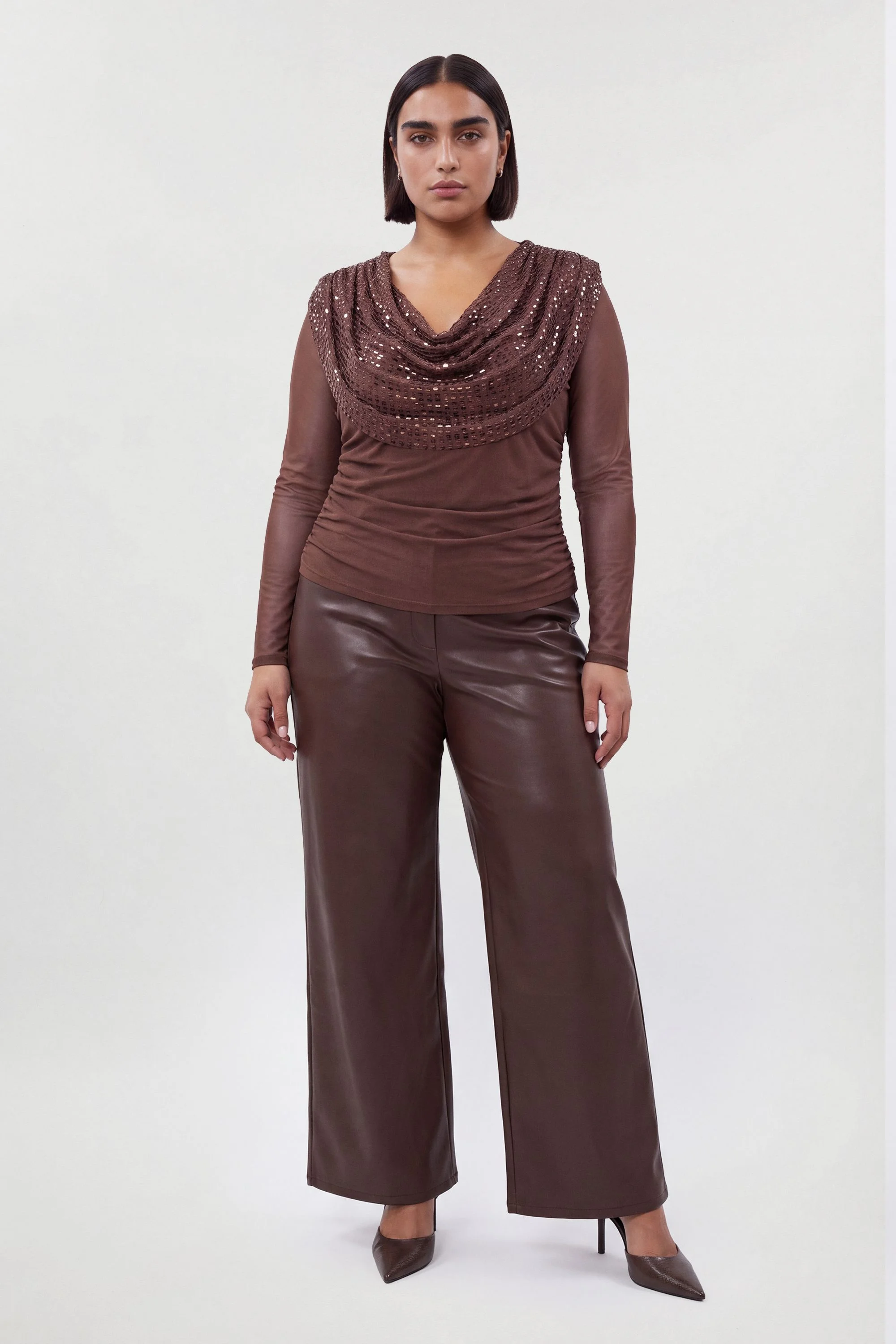 Plus Size Premium Crystal Embellished Jersey Cowl Detail Top - 1
