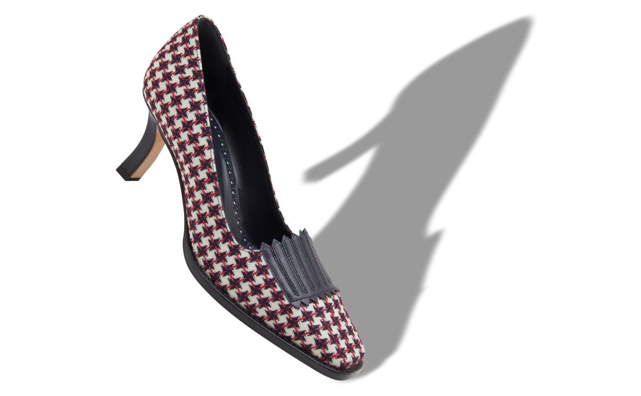 Navy Blue Wool Dogtooth Pumps - 2