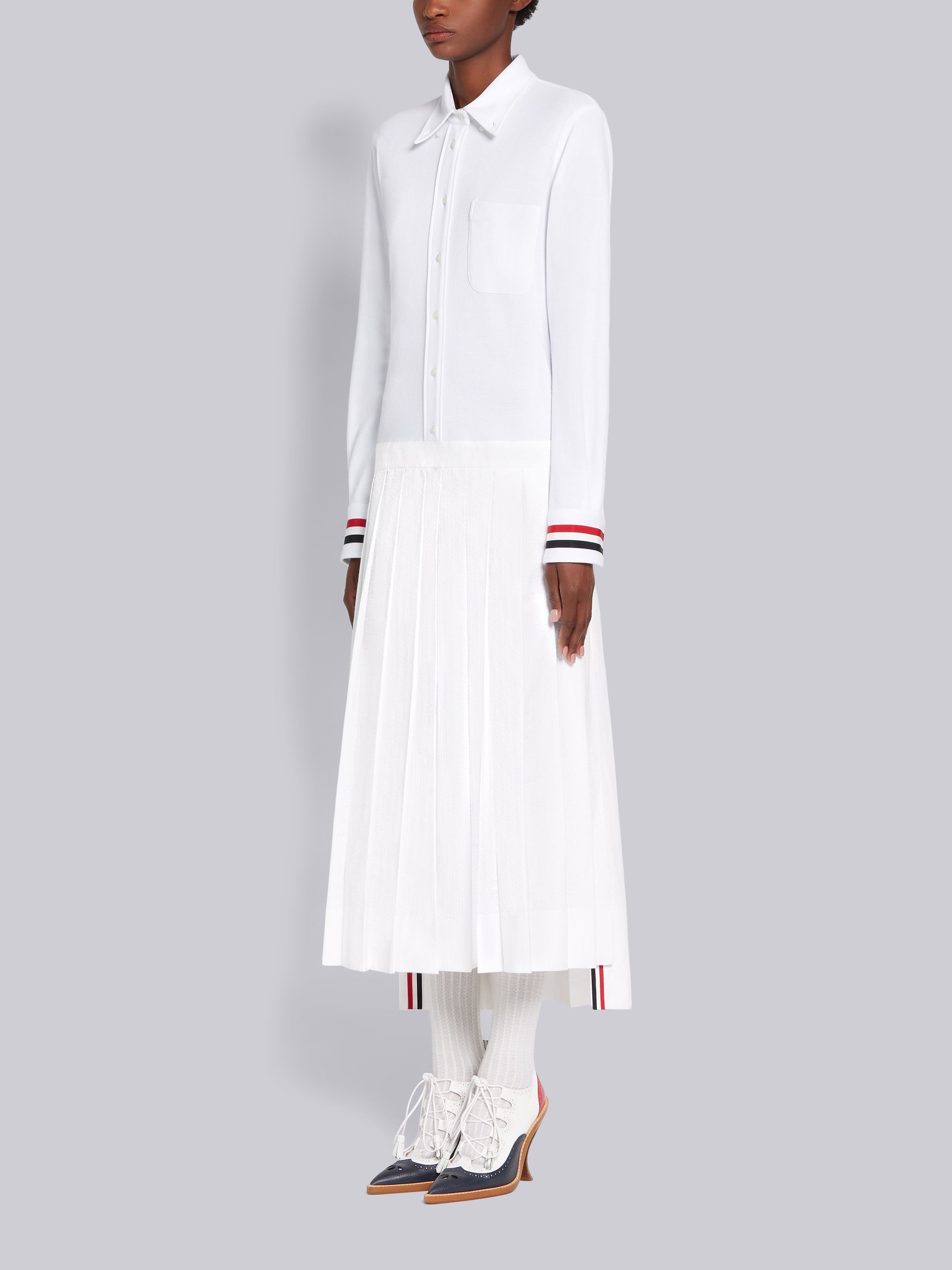 White Cotton Pique Striped Cuff Long Sleeve Ankle Length Pleated Shirtdress - 2