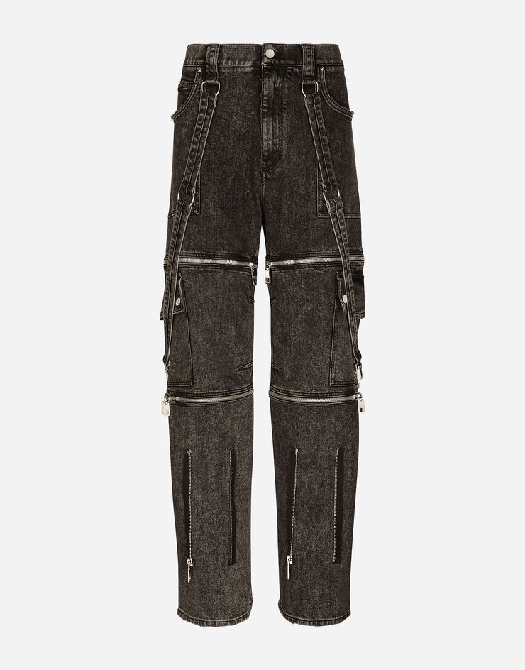 Light gray wash jeans with braces - 1