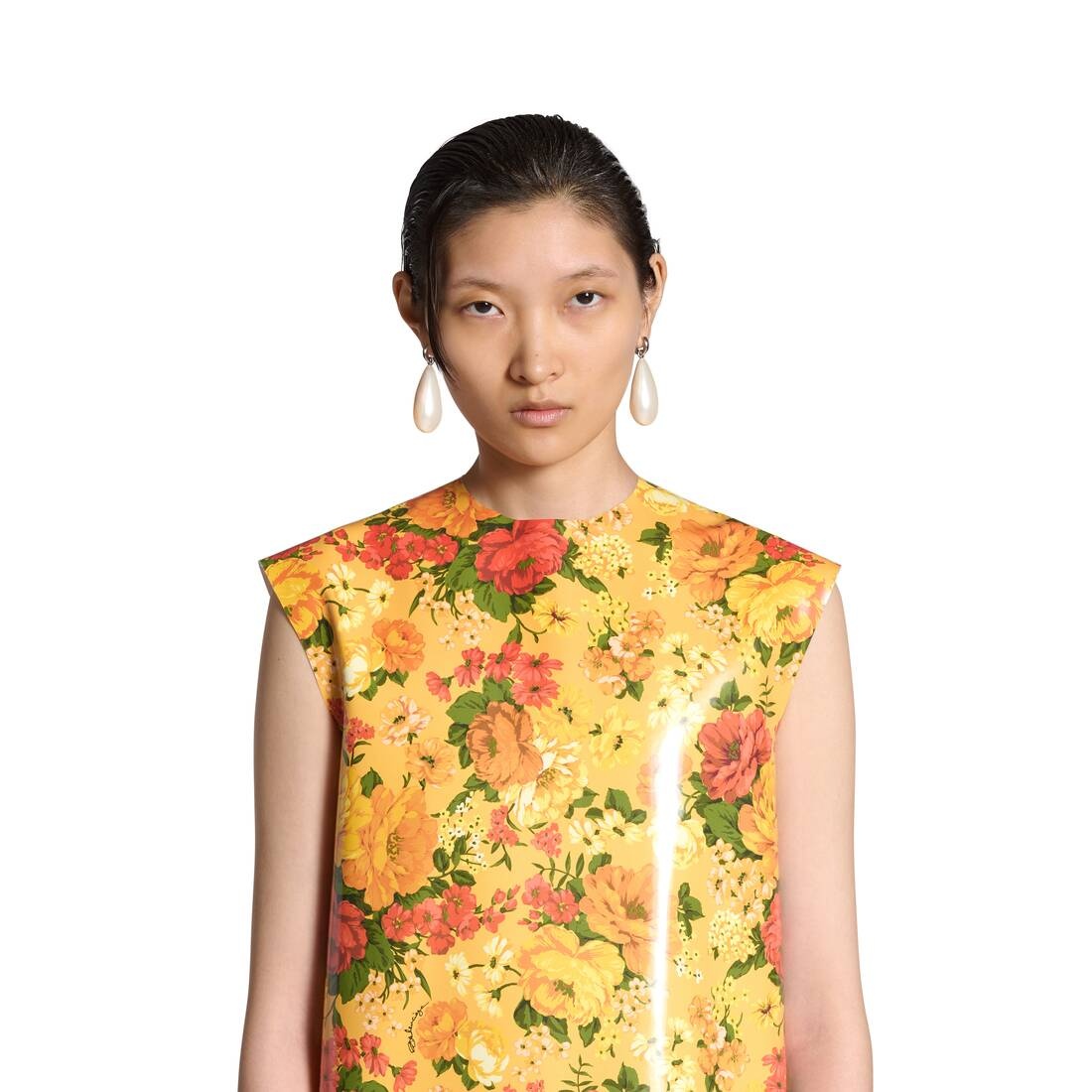 Women's Faux Vinyl Floral Sleeveless Dress in Orange - 5