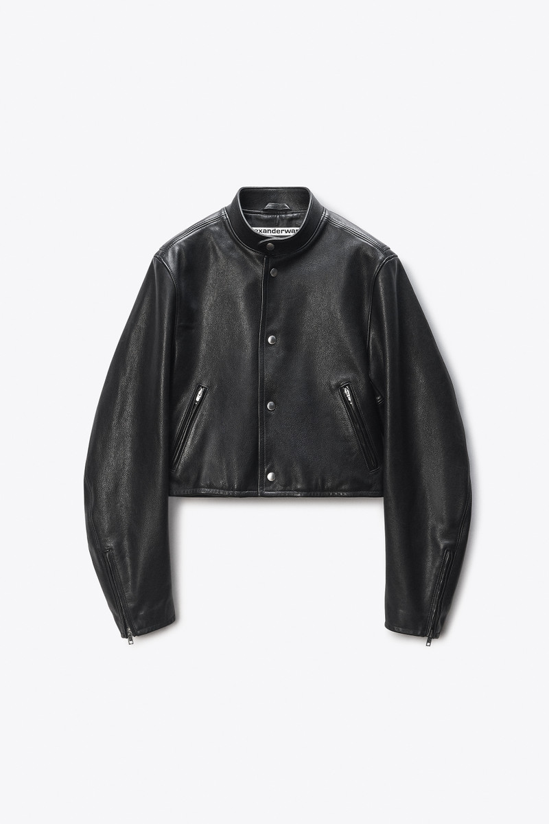 Black Glossy Leather Cropped Moto Jacket 1