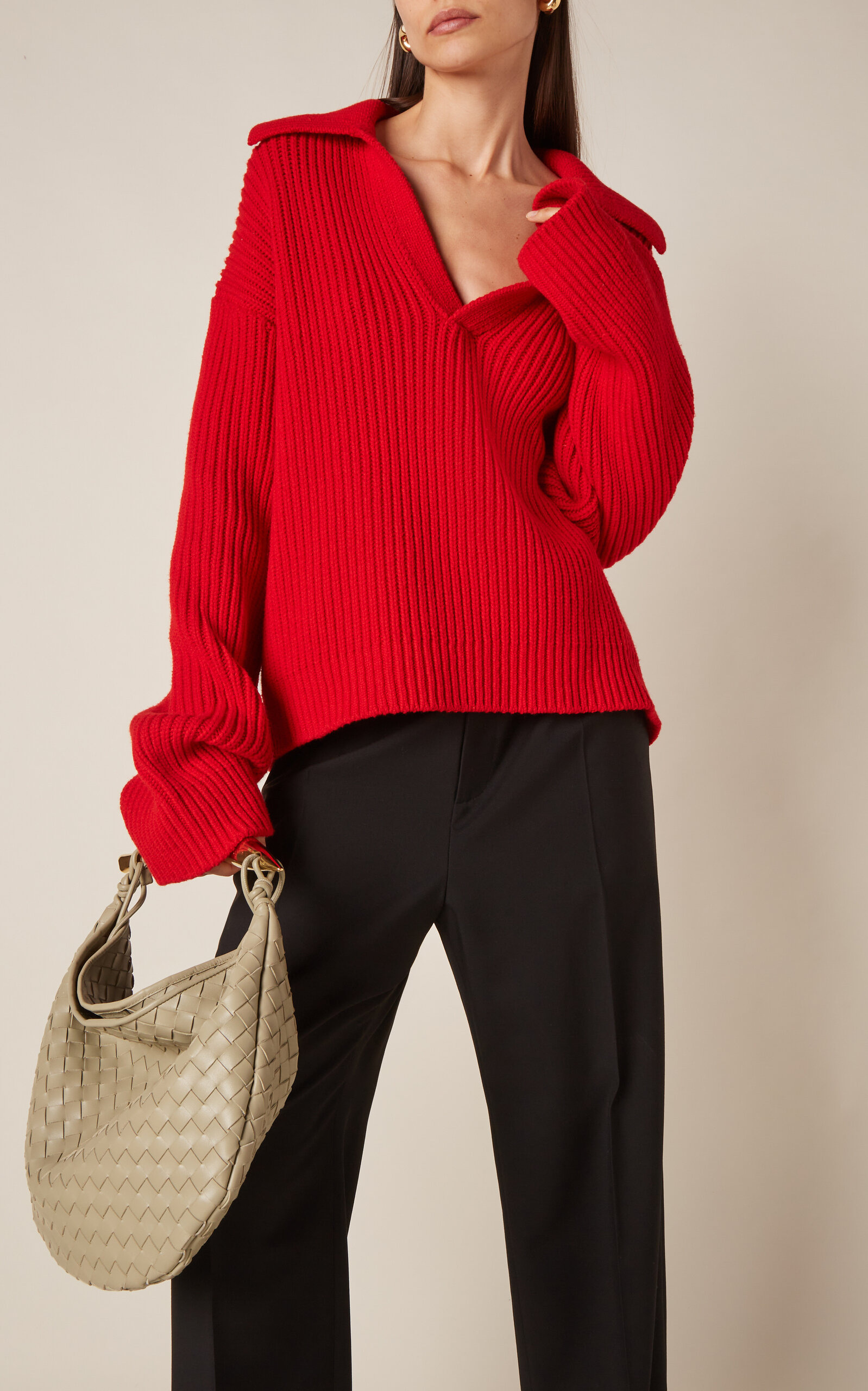 Ribbed-Knit Wool Polo Sweater red - 2