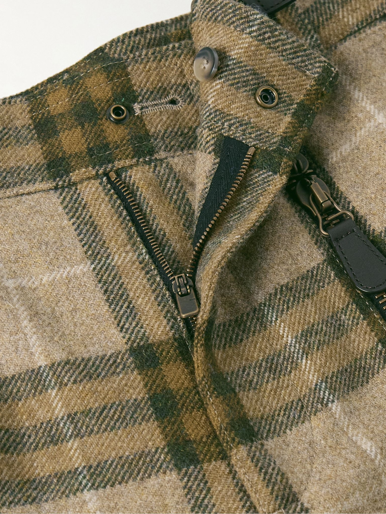 Straight-Leg Zip-Detailed Checked Wool Trousers Green - 6