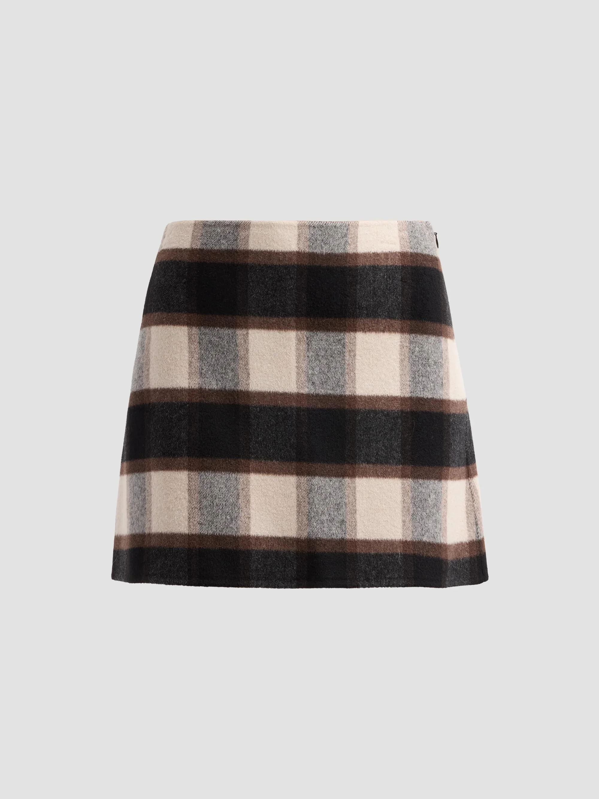 Women's Wool Plaid Mini Skirt - Brown Multi - 1