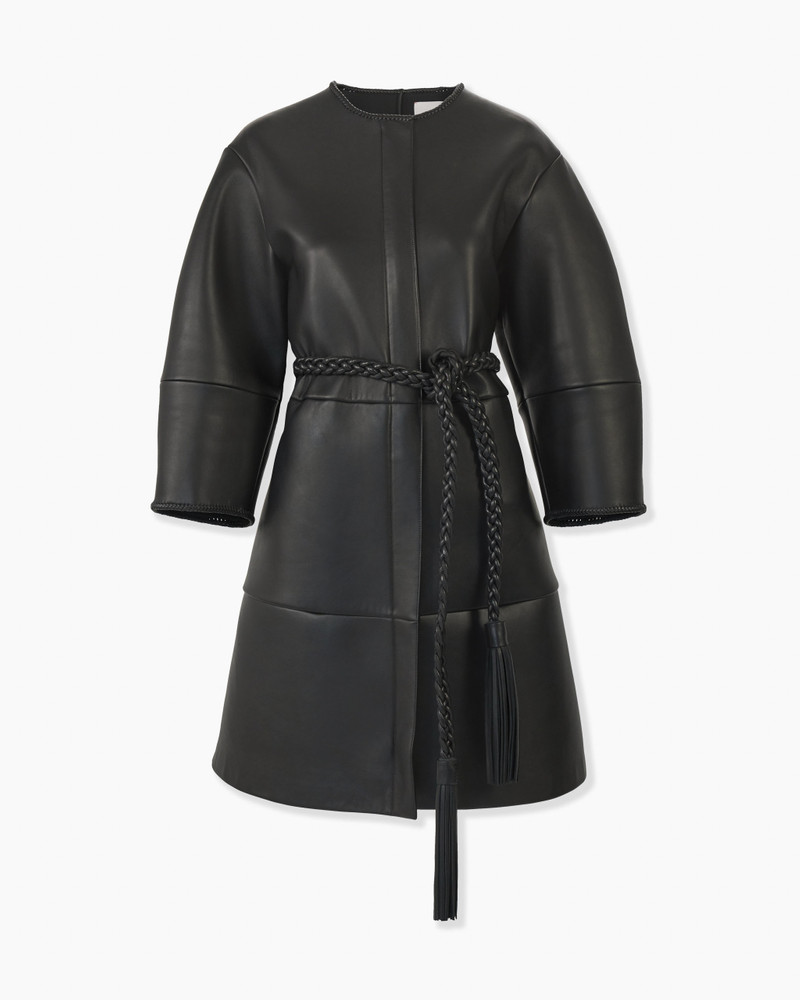 Arc Sleeve Leather Coat with Braided Belt 1