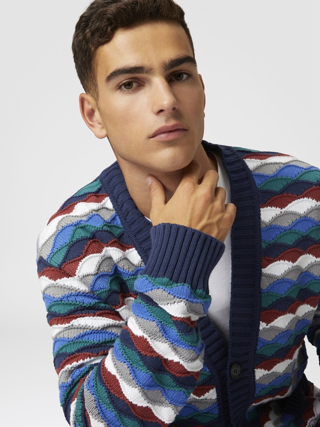 Cotton-blend cardigan with wave pattern and contrasting piping - 5