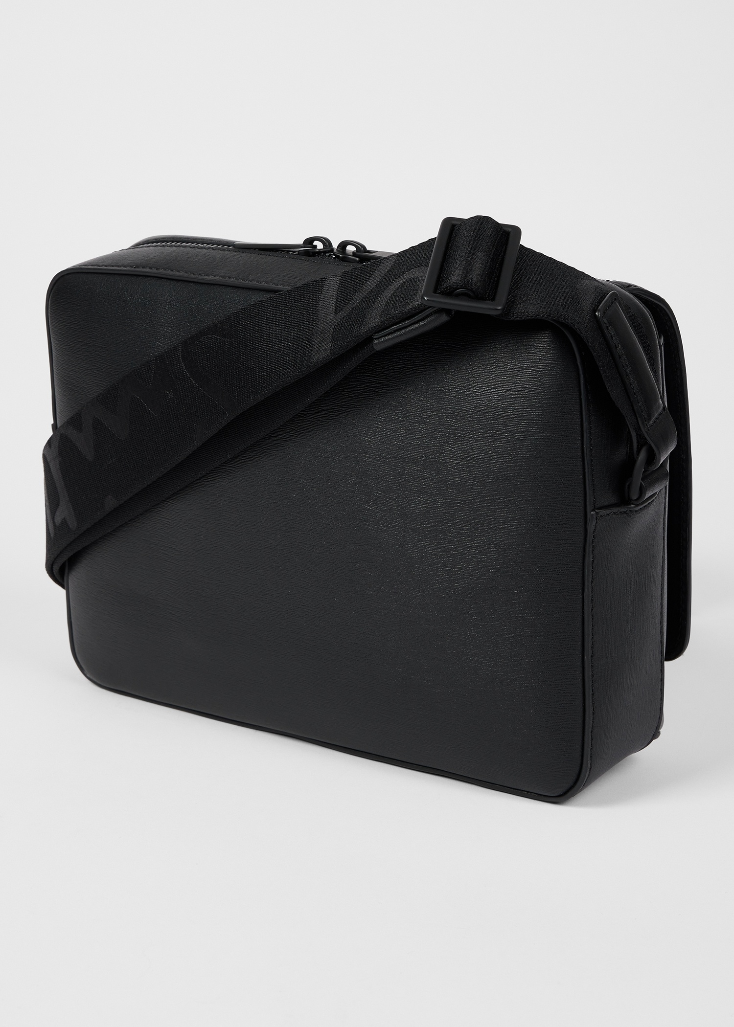 Black Straw-Grain Embossed Leather Messenger Bag - 5