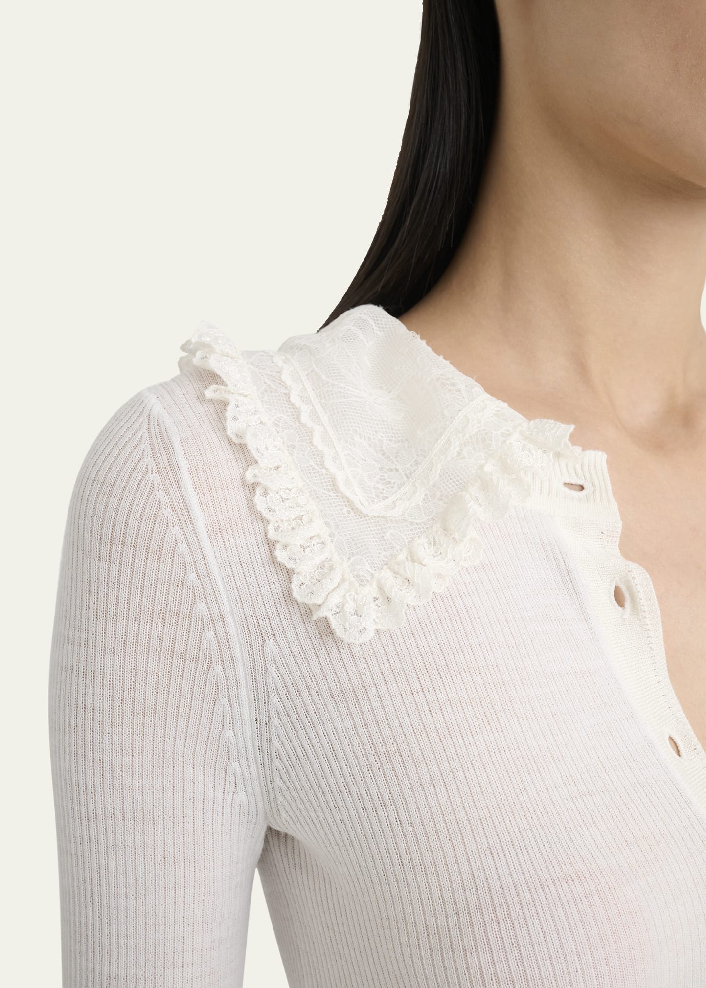 Lace-Collar Superfine Wool Rib Knit Top - 5