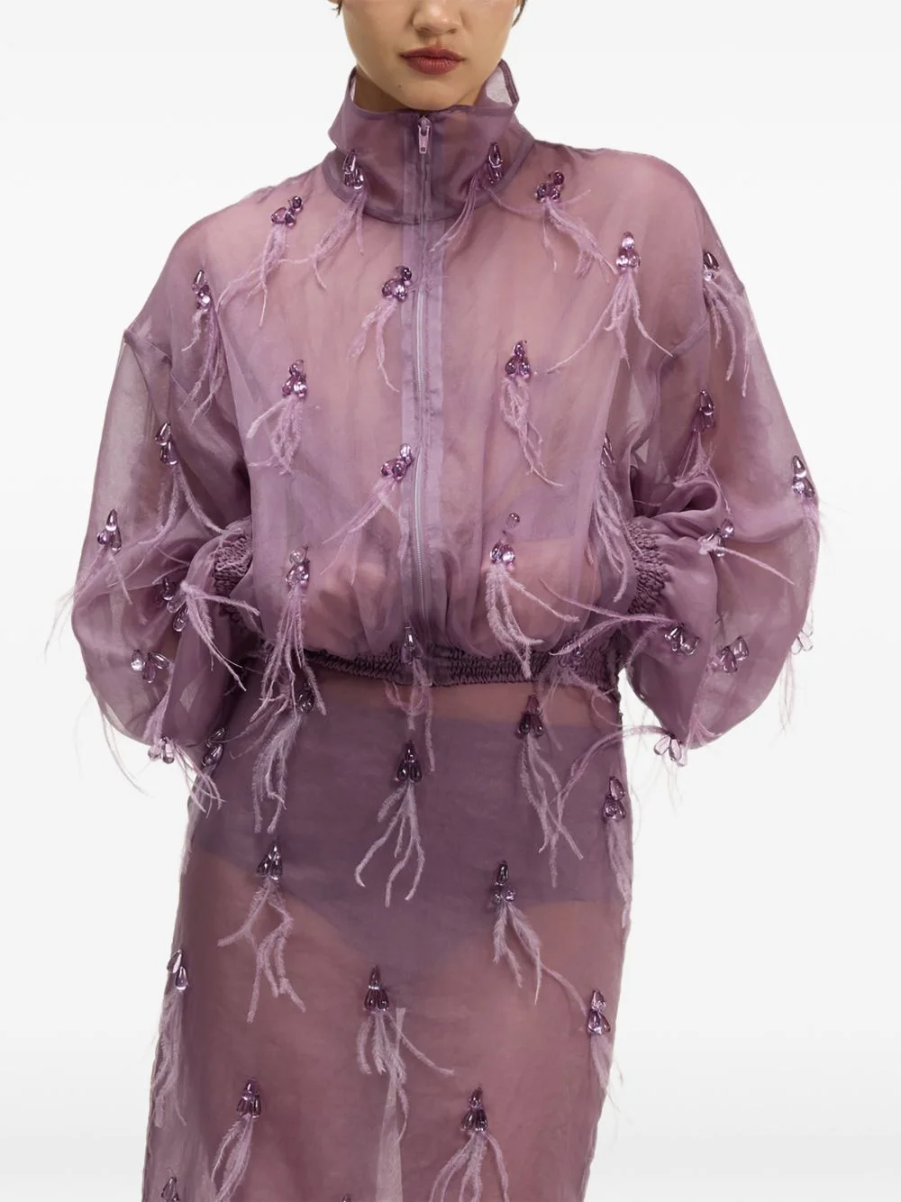 feather-embellished sheer jacket - 1