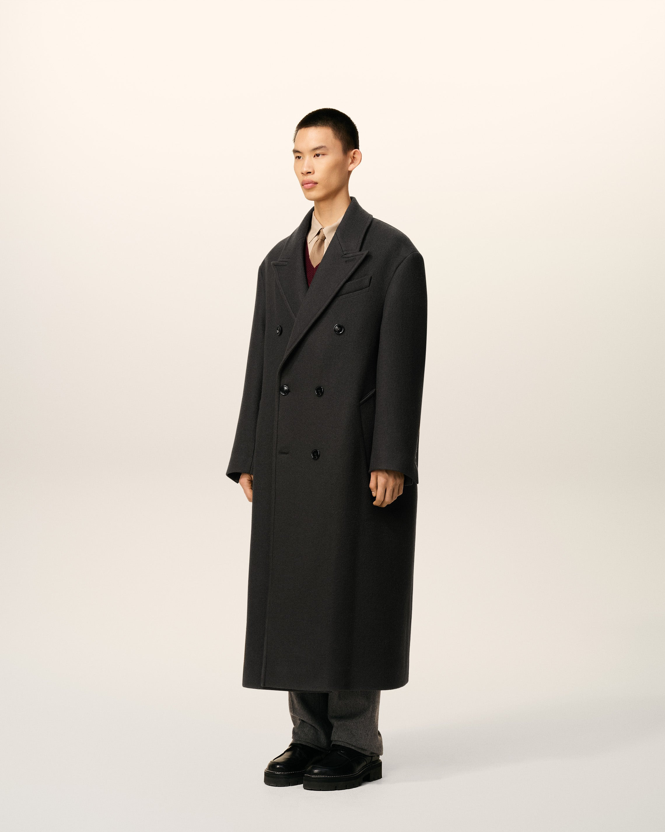 BLACK WOOL DOUBLE BREASTED LONG COAT - 6