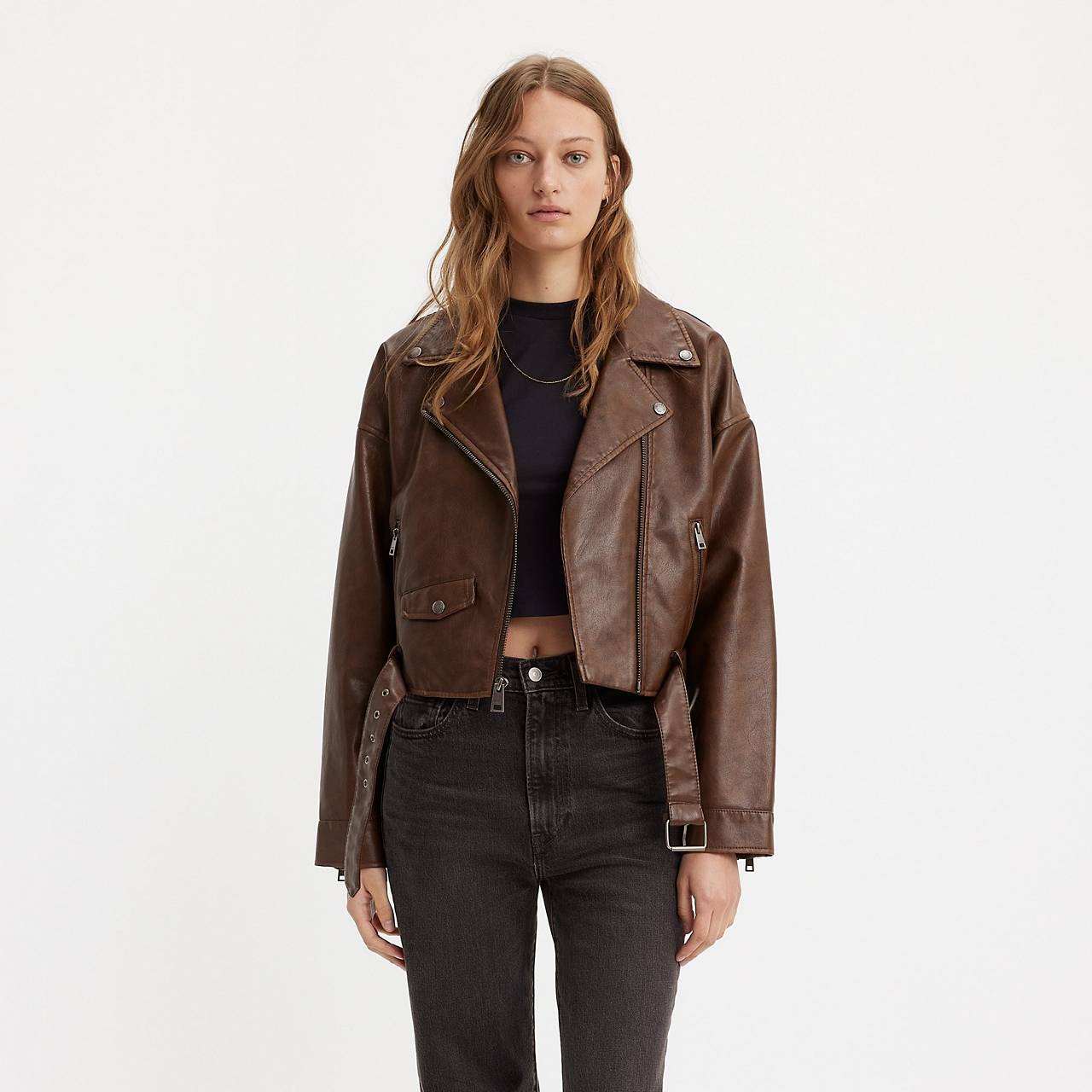 BELTED CROP MOTO JACKET - 1
