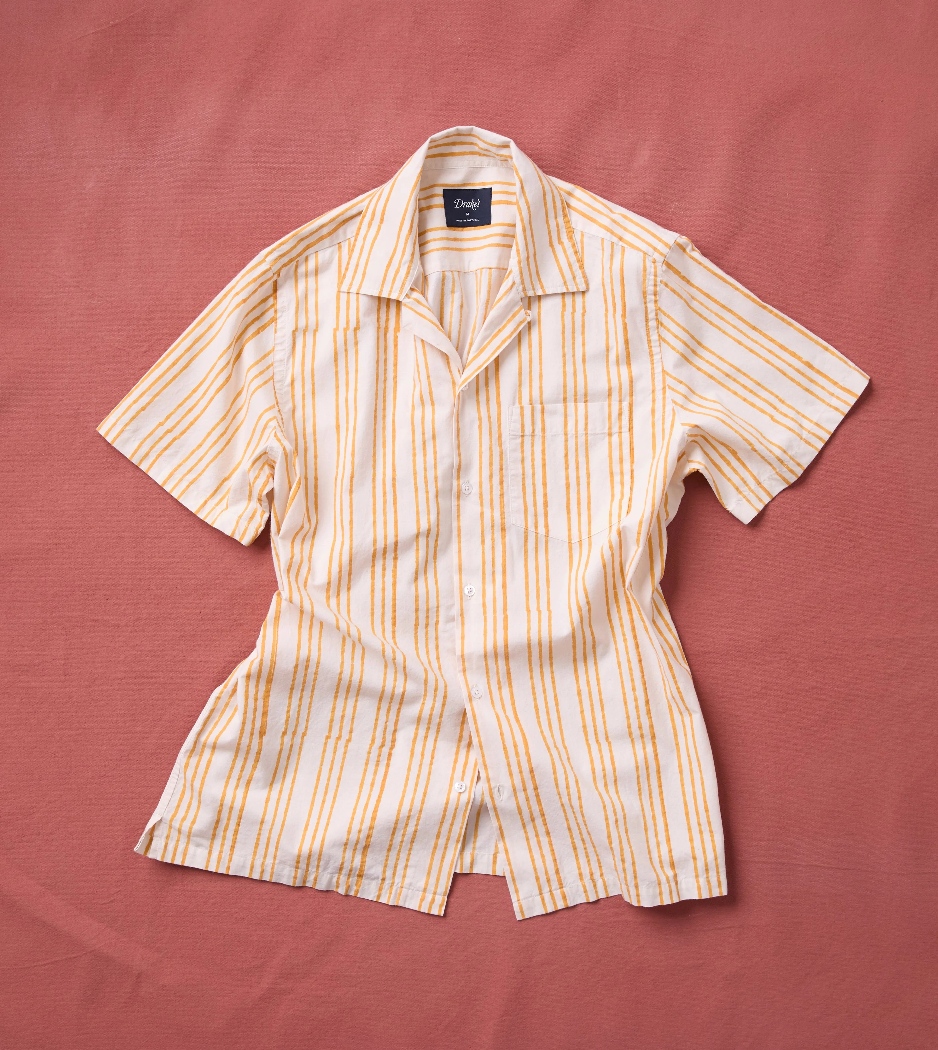 Yellow Triple Stripe Block Print Cotton Camp Collar Short Sleeve Shirt - 1