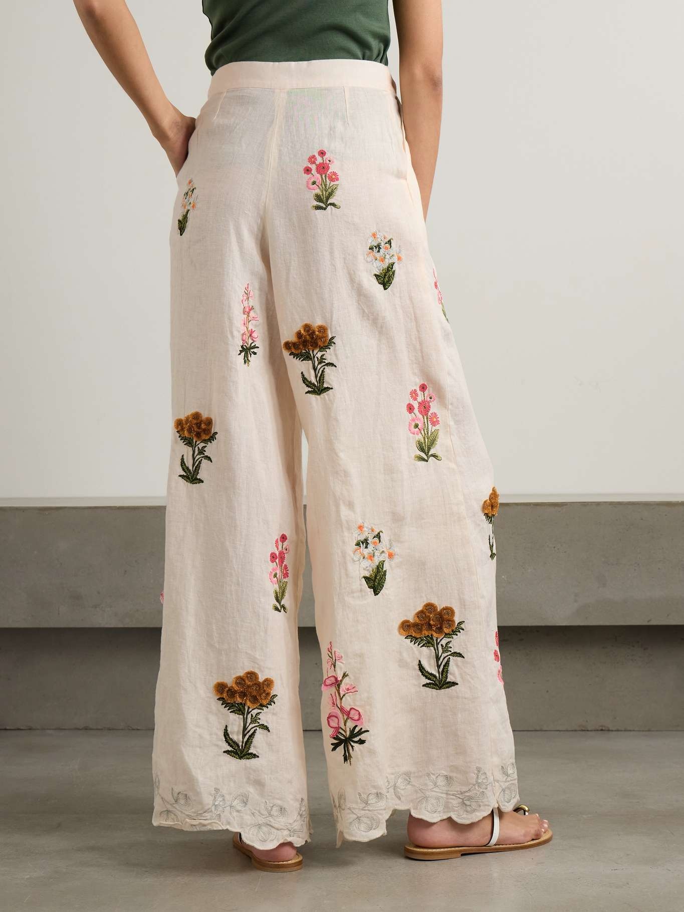 Piñon Prado pleated scalloped embroidered linen wide-leg pants - 3