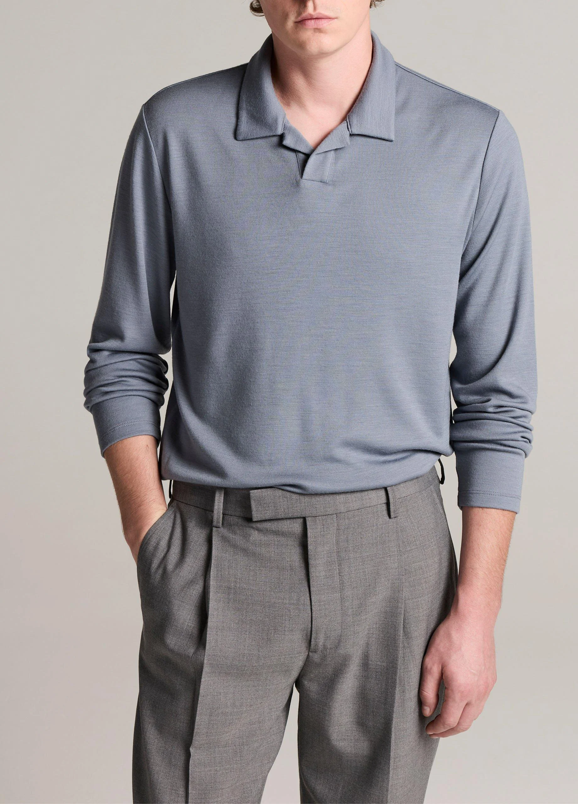 Wool Interlock Johnny-Collar Polo Sweater - 1