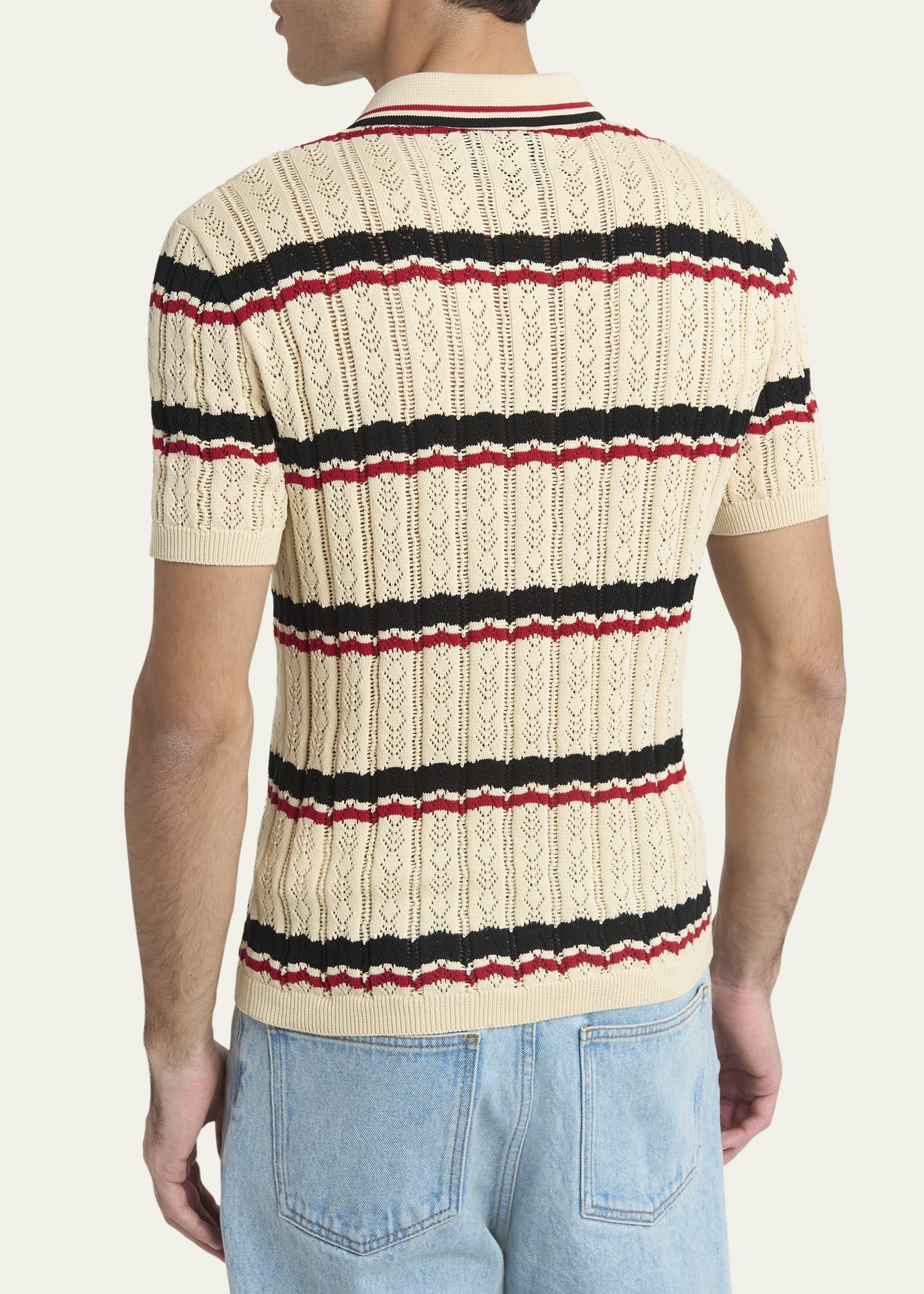 Men's Stripe Cotton Eyelet VLogo-Pocket Polo Shirt - 3