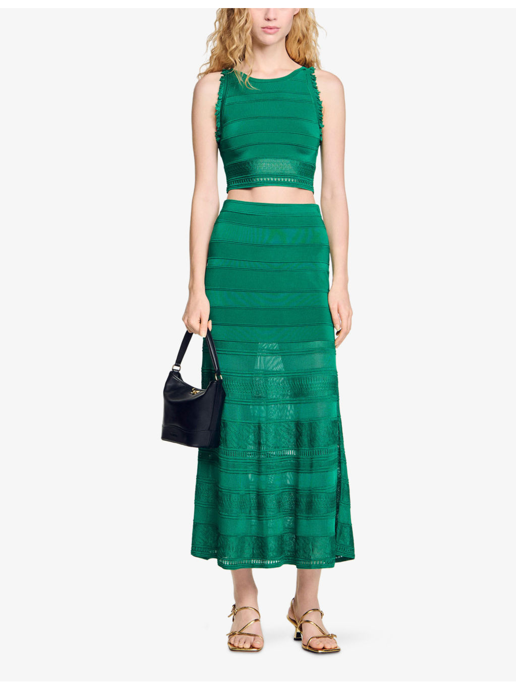 High-Rise Decorative-Stitch Knitted Midi Skirt - 2