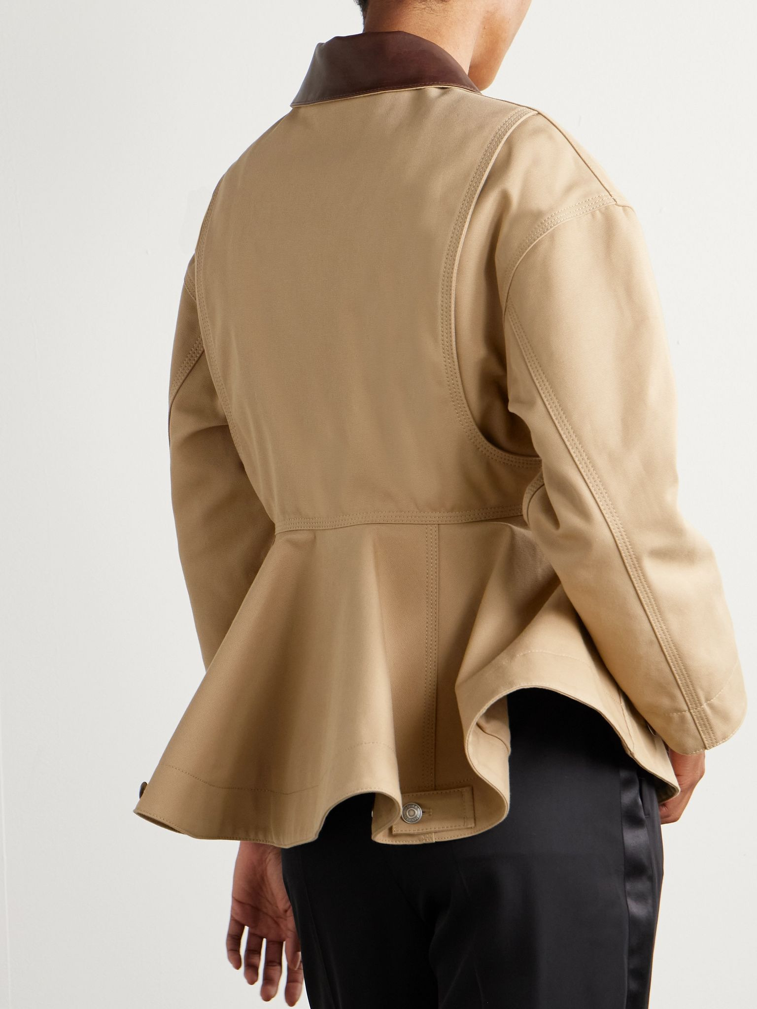 Leather-trimmed cotton-canvas peplum jacket Beige - 3