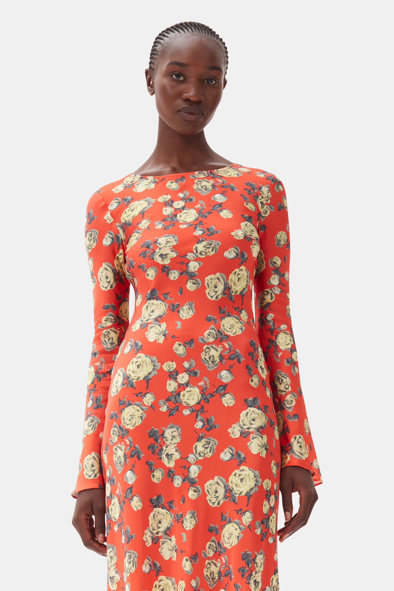 ORANGE FLORAL PRINTED SATIN MAXI DRESS - 3