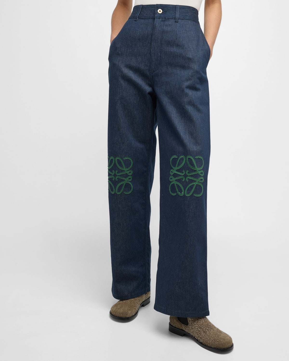 High-Rise Anagram-Knee Baggy Straight-Leg Jeans - 7