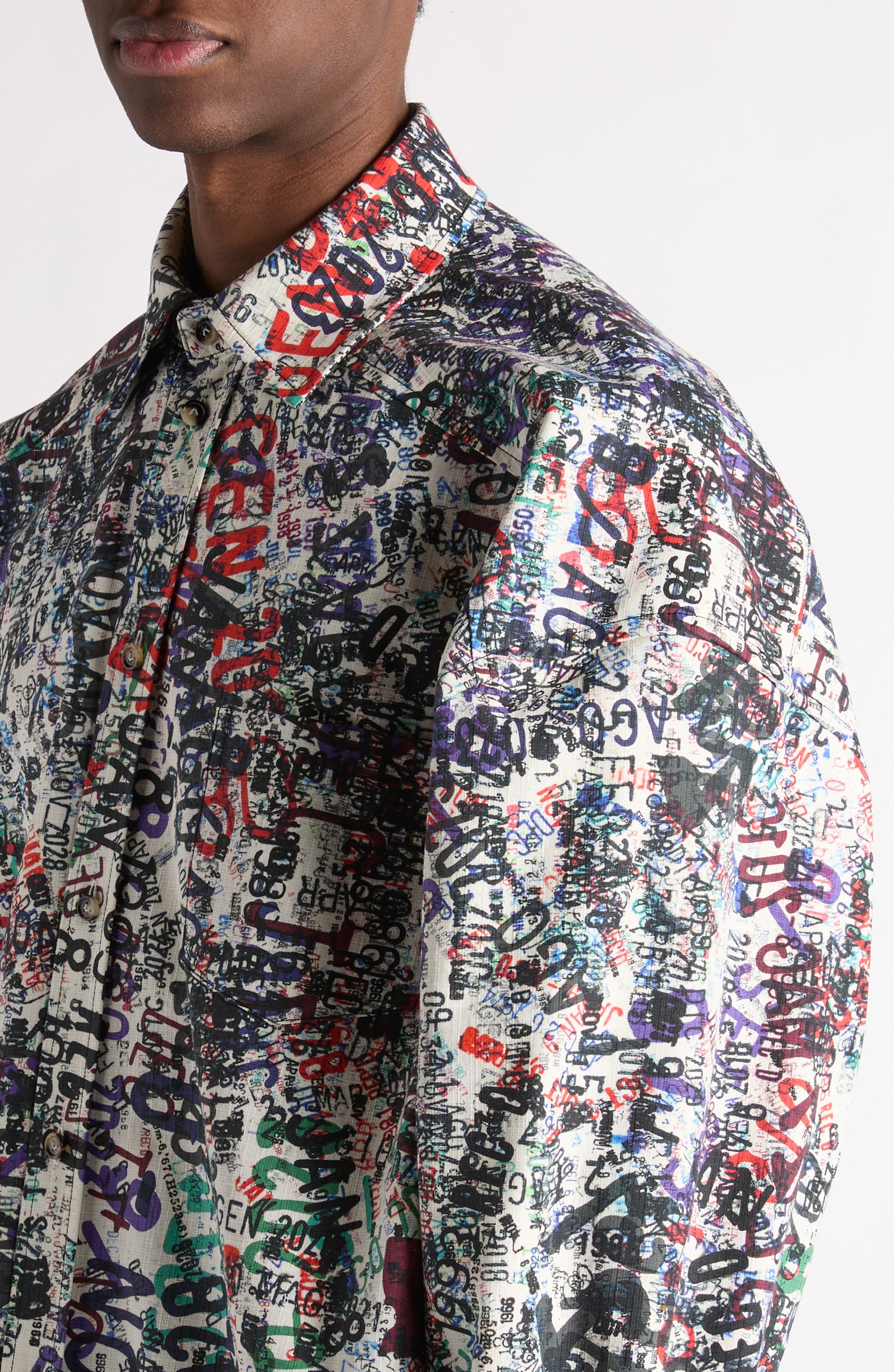Bottega Veneta Memory Print Relaxed Fit Cotton & Wool Button-Up Shirt in 9173 Chalk/multicolour at N - 5