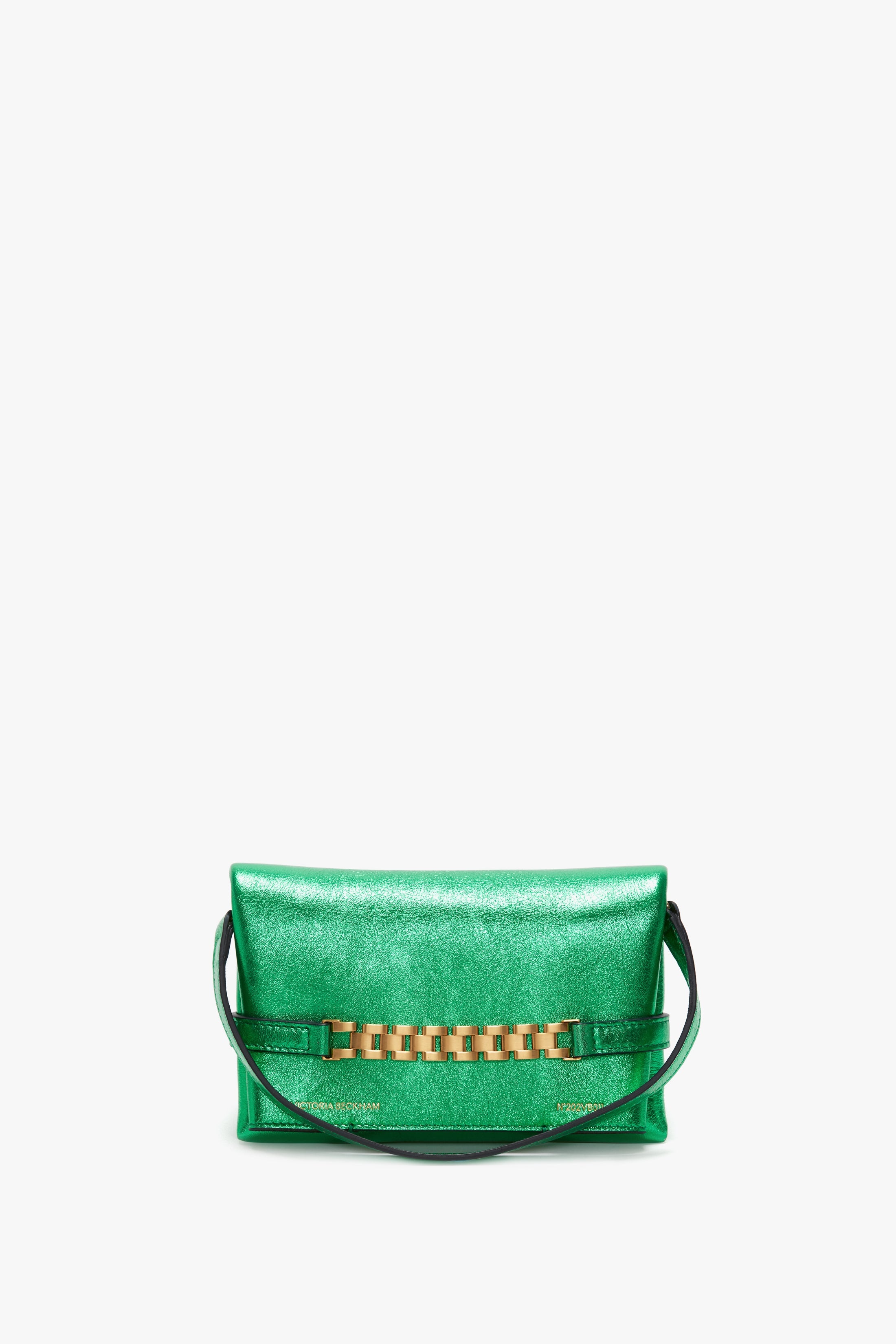 Mini Chain Pouch In Metallic Green Leather - 5