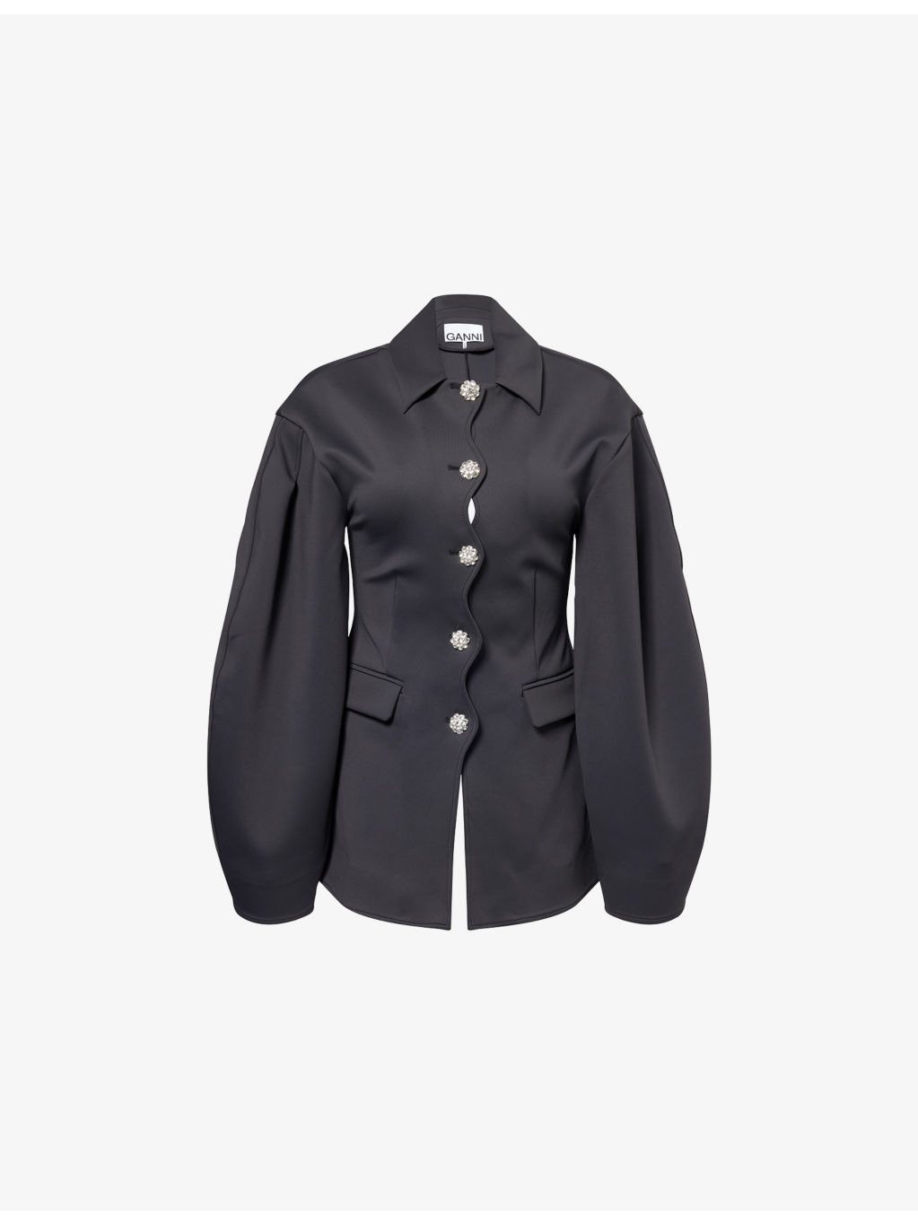 Faux-Crystal Buttons Puff-Sleeve Scuba Blazer - 1
