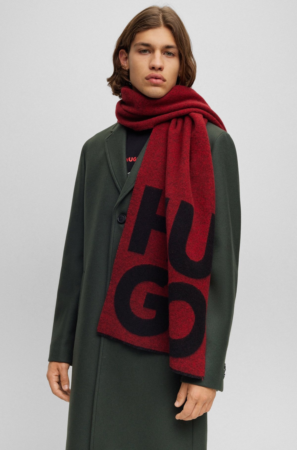 WOOL-BLEND SCARF WITH STACKED LOGO AND FRINGING - 3