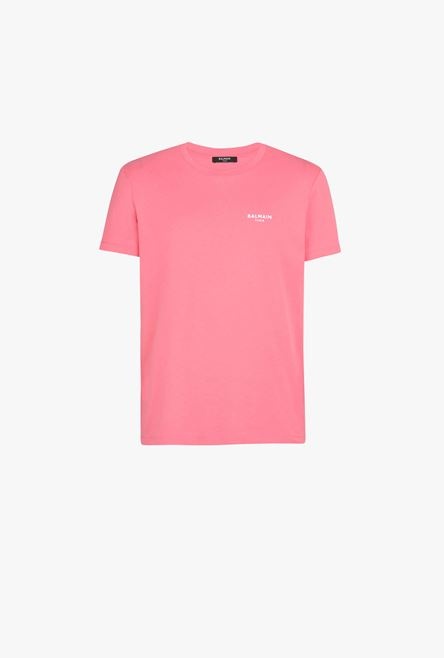 Taupe eco-designed cotton T-shirt with small flocked white Balmain Paris logo - 1