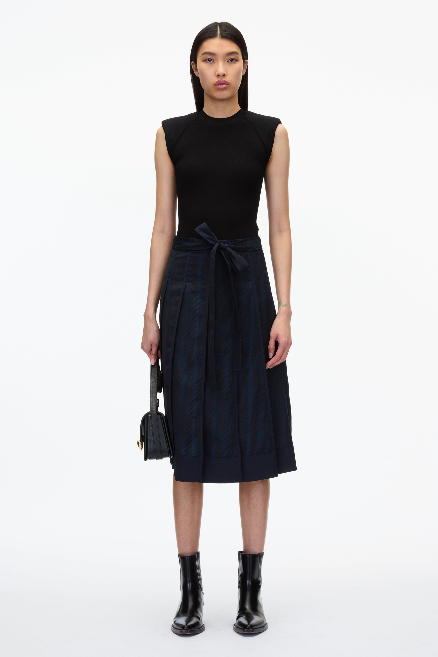 Jacquard Pleated Skirt with Tie Waist - 1