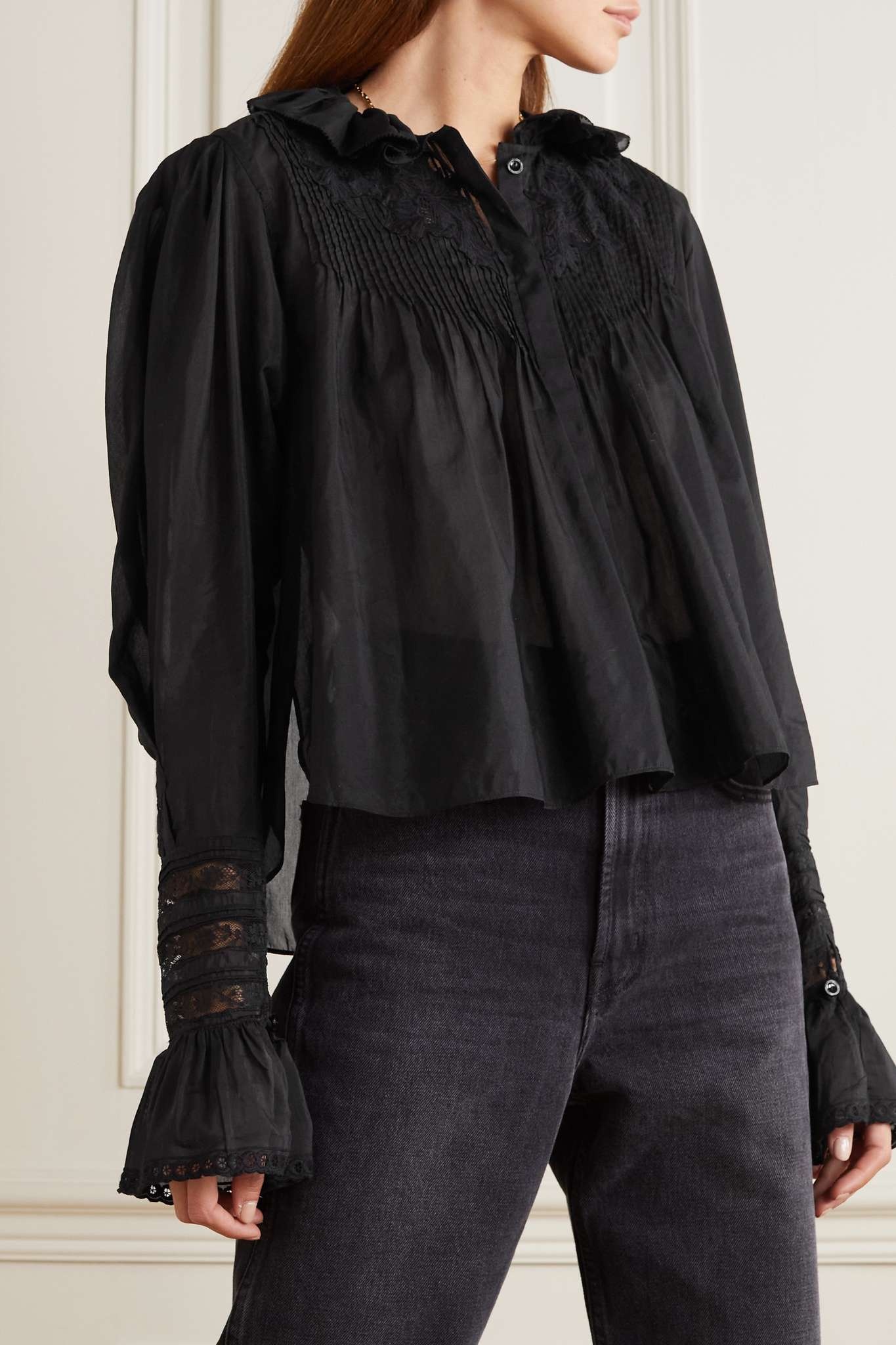 Ginette lace-trimmed ruffled cotton and silk-blend blouse - 3