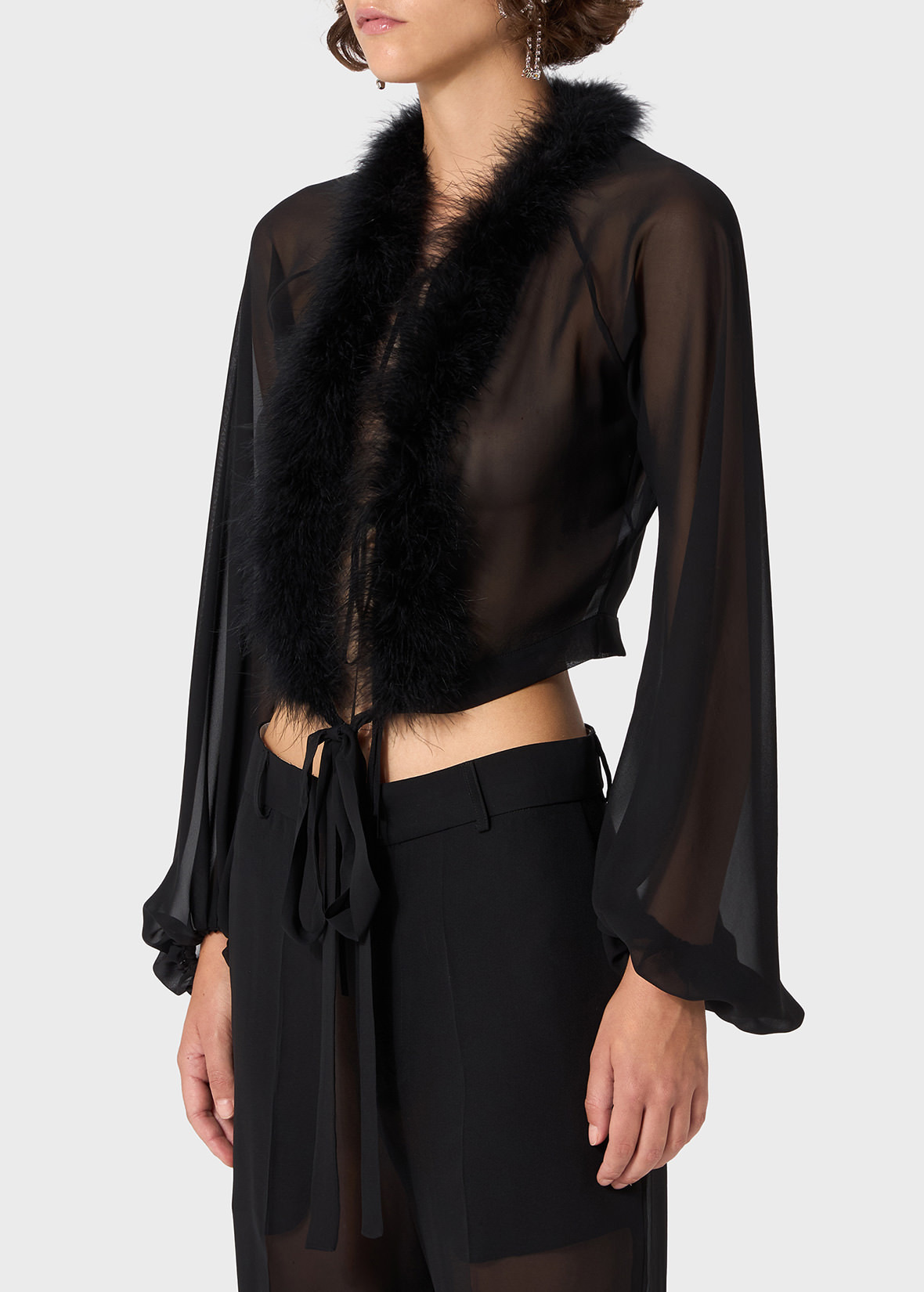 GEORGETTE SHIRT WITH FEATHER-TRIMMED NECKLINE - 5